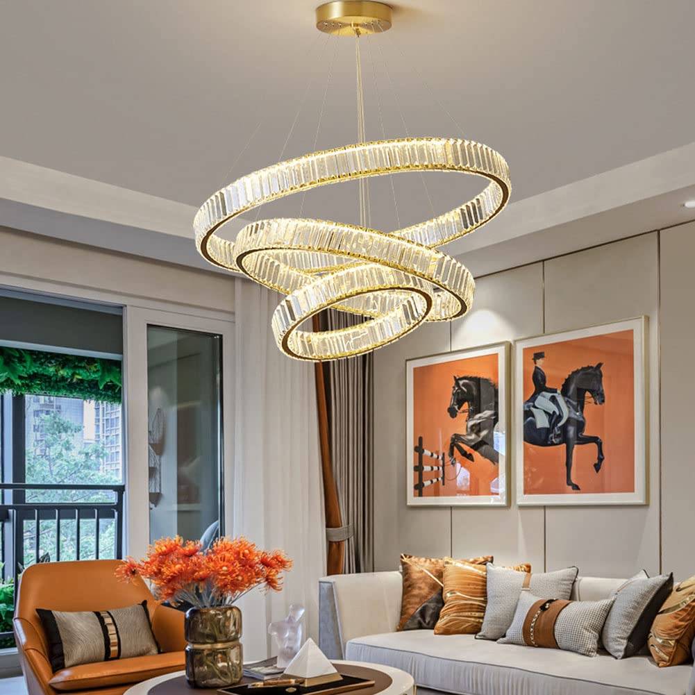 Modern Crystal Chandelier - 3 Ring LED Gold Pendant Light with Adjustable Stainless Steel Hanging Fixture, Warm White Light for Living Room Bedroom Dining Room | Elegant Home Decor & Wedding Venue Lighting