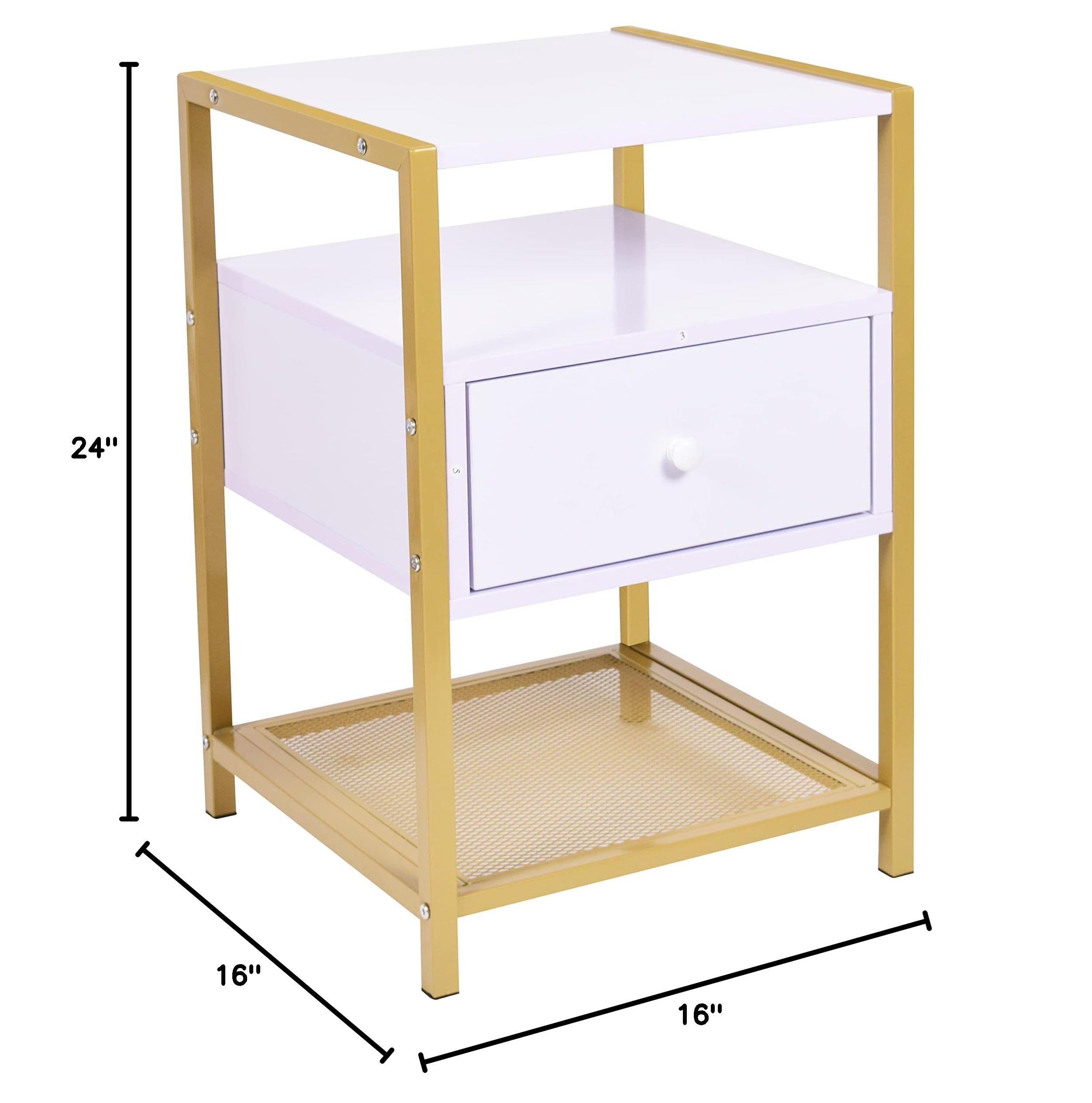 RAAMZO 3-Tier White & Gold Nightstand Side Table with Lower Mesh Shelf & Drawer - Modern Bedroom End Table for Small Spaces, Living Room, Dorm (6566)