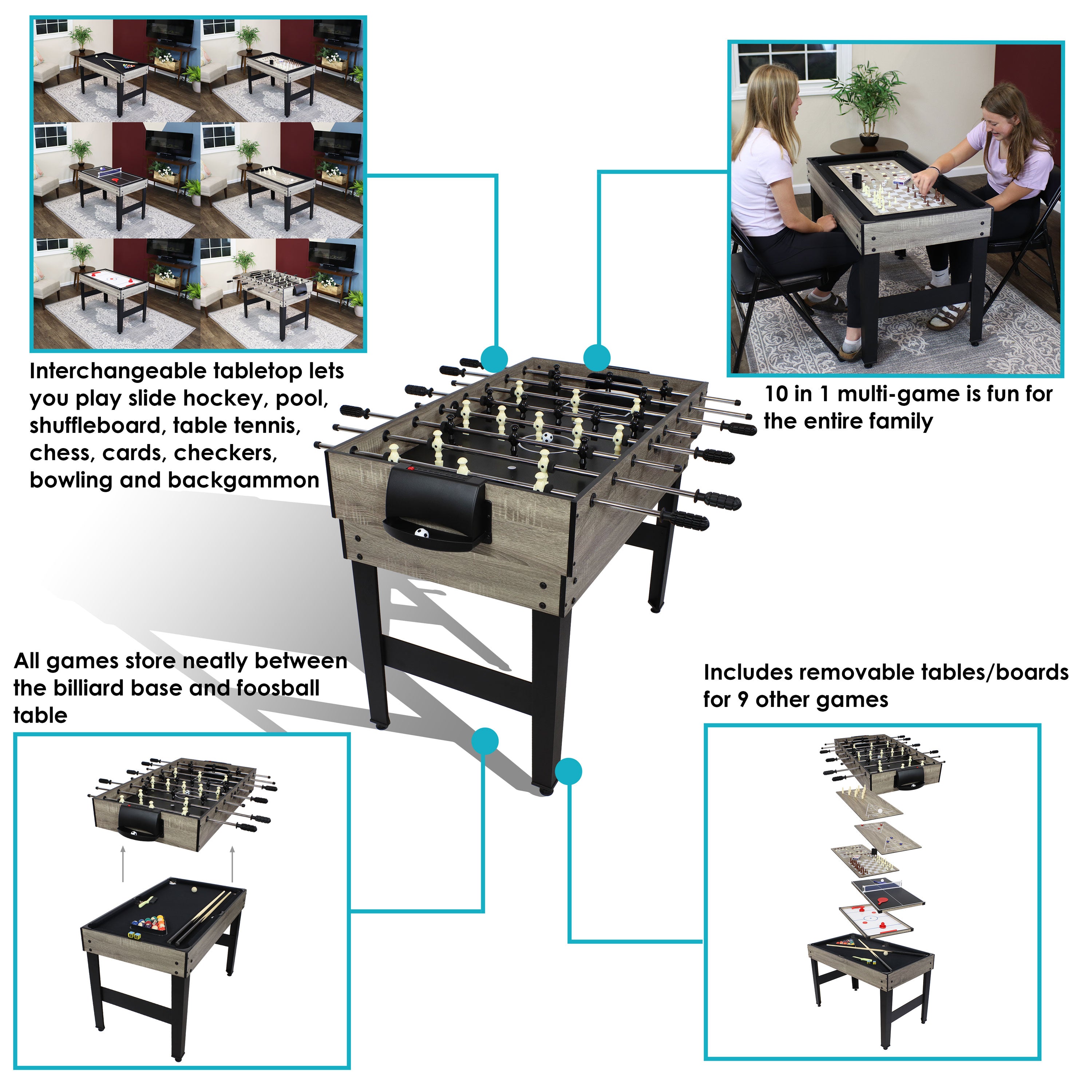 10-in-1 Multi Game Table Set for Indoor & Outdoor Fun - 49.5'' Family Entertainment Center for Pool, Air Hockey, Ping Pong & More - Perfect for Game Rooms, Patios & Backyard Parties
