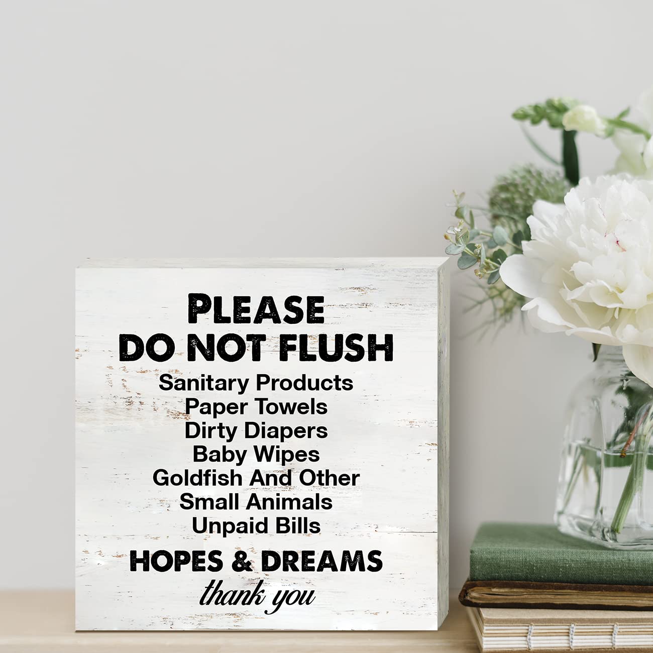 Rustic Wooden Bathroom Sign - 'Please Do Not Flush Sanitary Products' Funny Desk Decor (5x5 Inch) - Cute Wood Block Plaque for Home, Shelf & Table Decoration - Perfect for Bathroom, Powder Room & Guest Toilet Humor