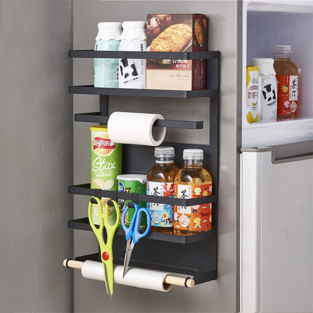 HUOQILIN 5-Hook Magnetic Spice Rack Organizer & 4-Tier Paper Towel Holder - Space Saving Kitchen Storage for Fridge, Cabinet & Pantry - Perfect for Small Kitchens, Apartments & Dorm Rooms (White/Black)