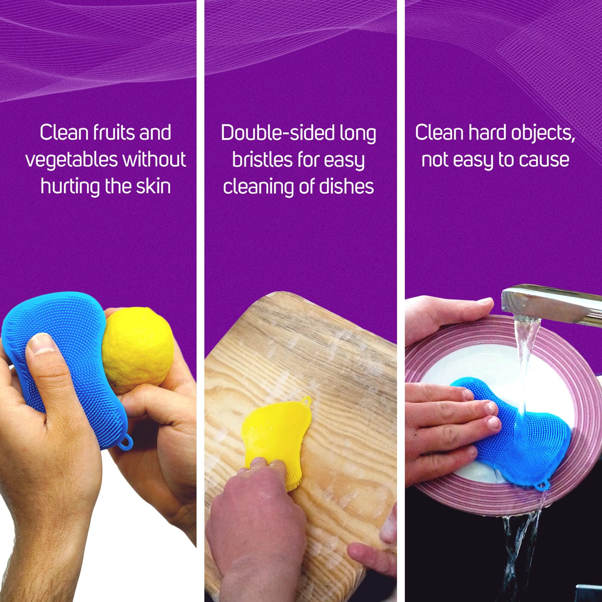 Non-Toxic Silicone Kitchen Sponges for Dishes - 3 Pack Reusable Scrub Brushes with Ergonomic Handle | Eco-Friendly Cleaning Sponges for Pots, Pans & Cookware | Perfect for Daily Dishwashing & Tough Stains