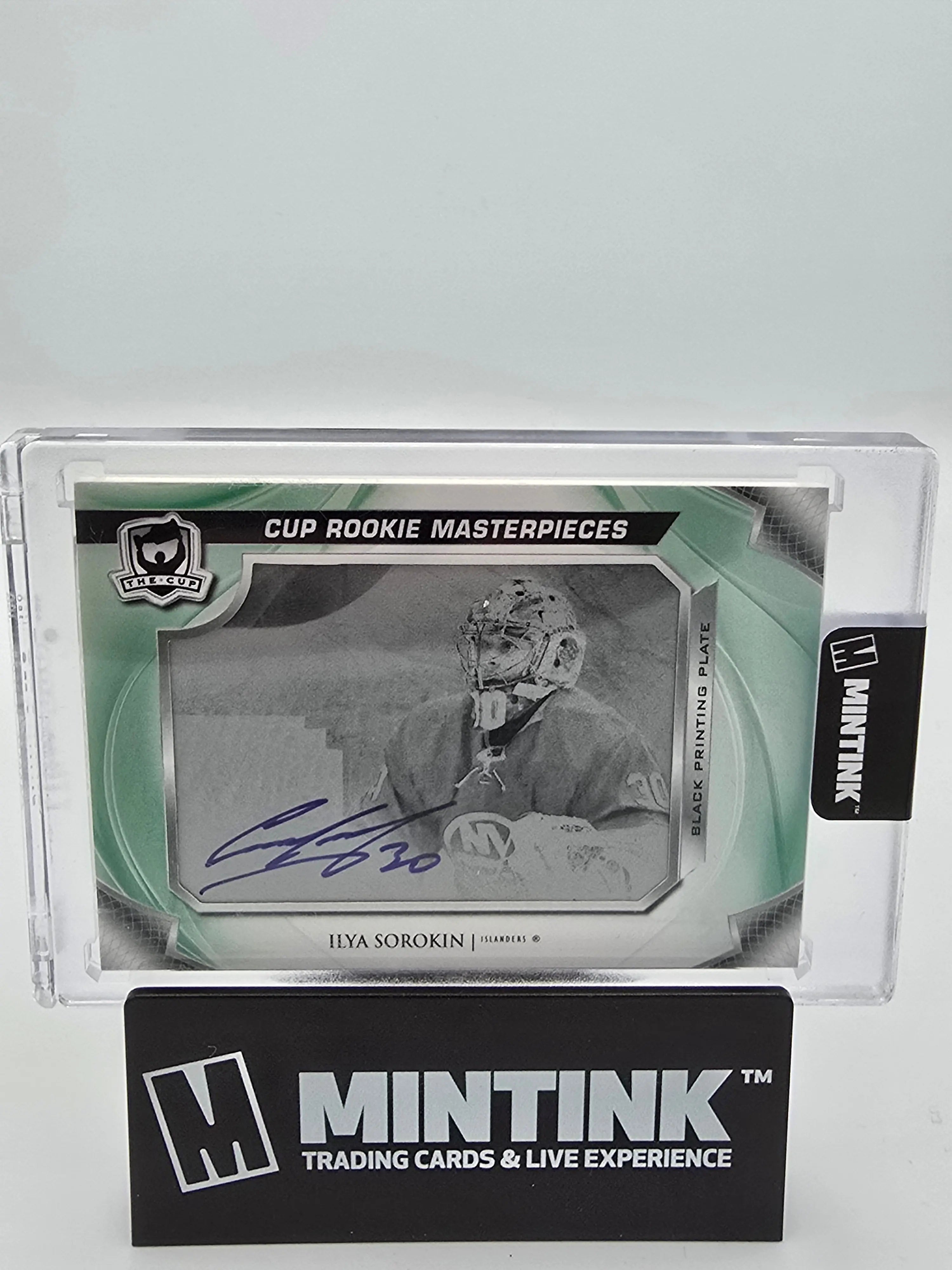 2020-21 Upper Deck The Cup RPA Horizontal Variation Ilya Sorokin Black Printing Plate Auto 1/1 Hockey Card - Rare Collectible for NHL Fans & Sports Memorabilia Enthusiasts