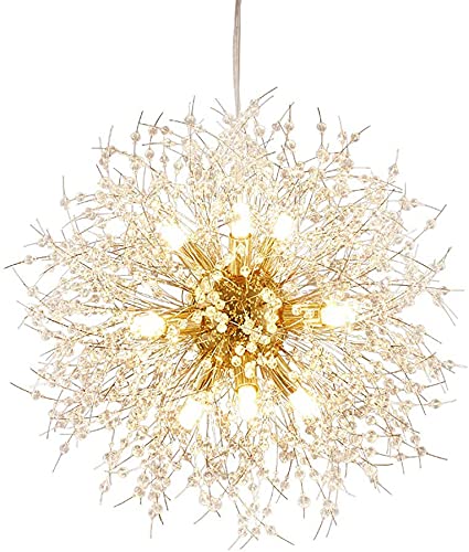 Qamra Modern Gold Crystal Chandelier - 9-Light Firework Dandelion Sputnik Pendant Lighting Fixture for Dining Room, Bedroom, Kitchen & Living Room | Elegant Ceiling Light for Home Decor, Wedding & Restaurant Lighting