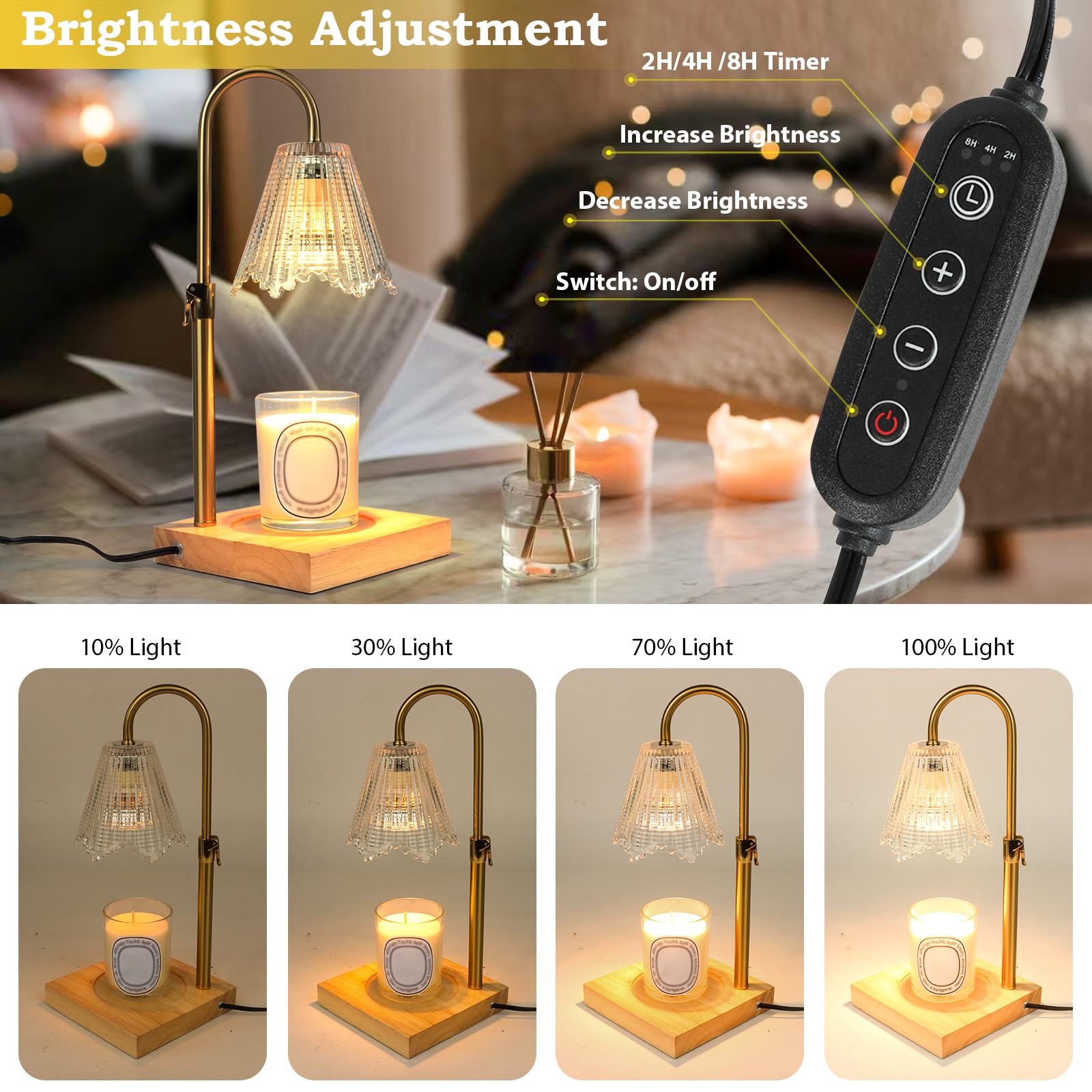 Electric Candle Warmer Lamp with Timer & Dimmer - Adjustable Height, Auto Shut-Off, Includes 2 Bulbs - Flameless Wax Melt Warmer for Home Decor, Gifts, Scented Jar Candles - Perfect for Bedroom, Living Room, Office Aromatherapy