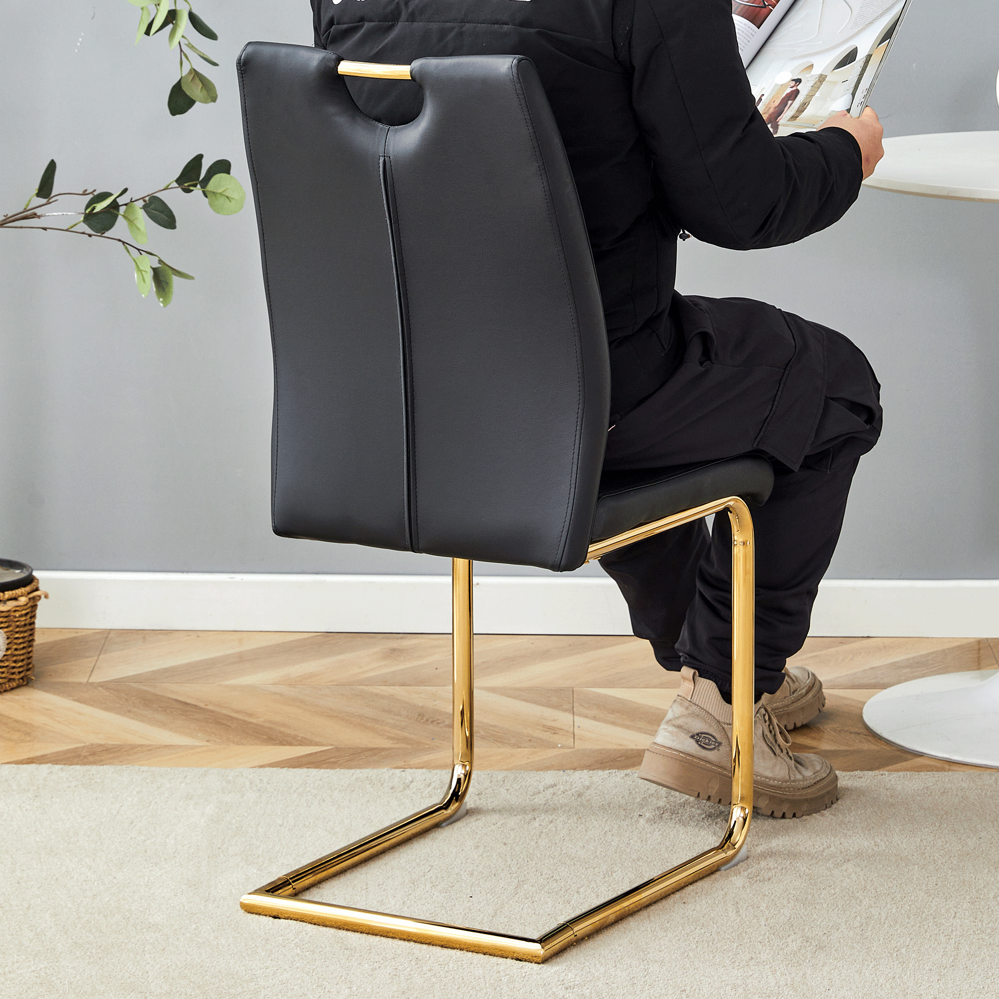 Modern Black PU Dining Chairs Set of 4 - Waterproof Faux Leather Upholstery with Gold Metal Legs - Stylish for Kitchen, Restaurant, Office & Conference Room - Elegant Seating Solution for Home & Commercial Use