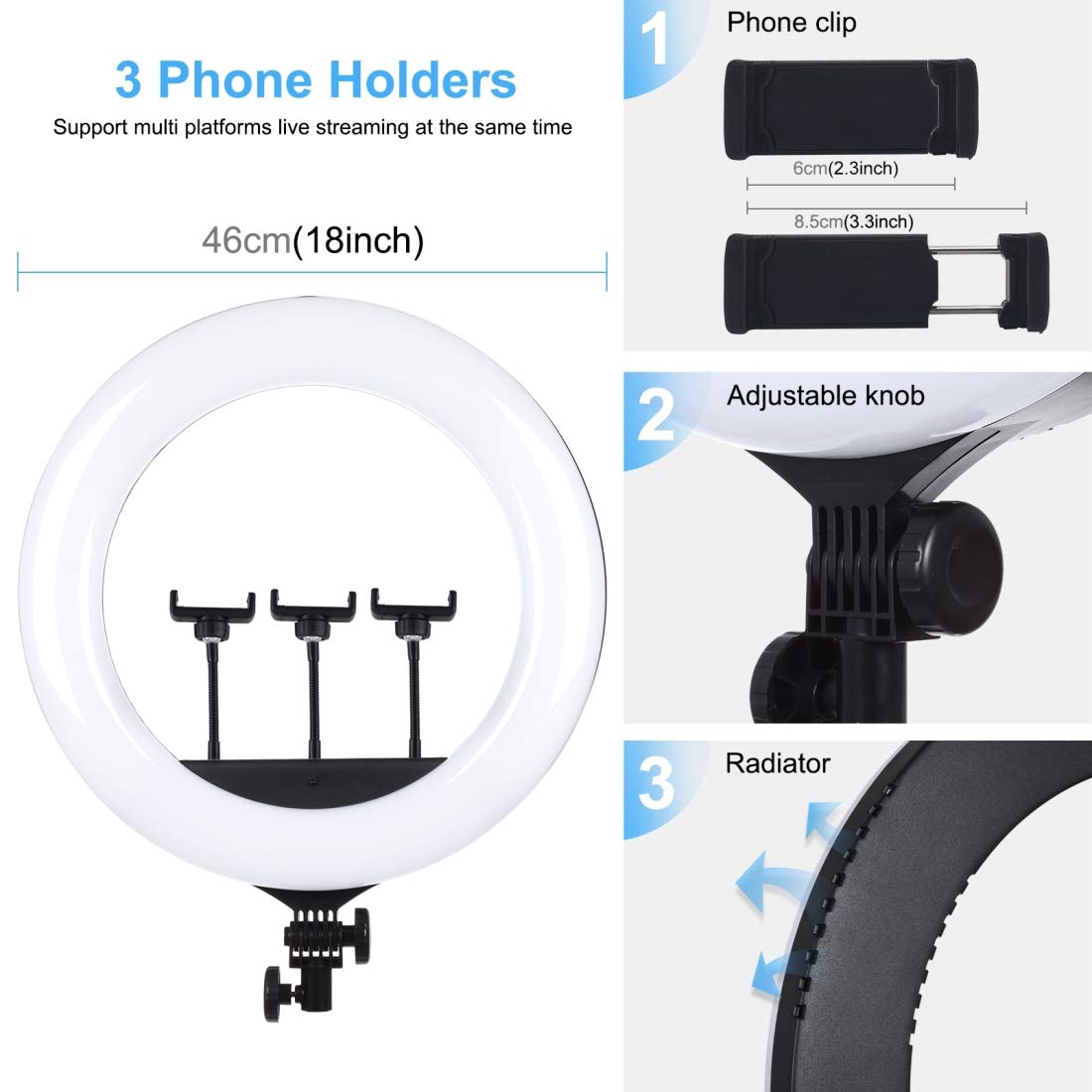 PULUZ 18-inch LED Ring Light with Remote - 3 Modes Dimmable USB Photography Light for Vlogging, Live Streaming & Video Shooting - Includes 3 Phone Clamps (Holder Not Included) - Perfect for YouTube, TikTok, Instagram & Zoom Meetings