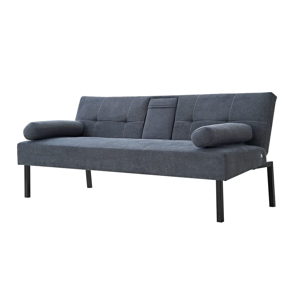 Modern Convertible Folding Futon Sofa Bed - 5 Angle Adjustable Linen Fabric Upholstered Daybed with 2 Cup Holders (Grey) | Space-Saving Guest Bed for Small Apartments, Dorm Rooms & Home Offices