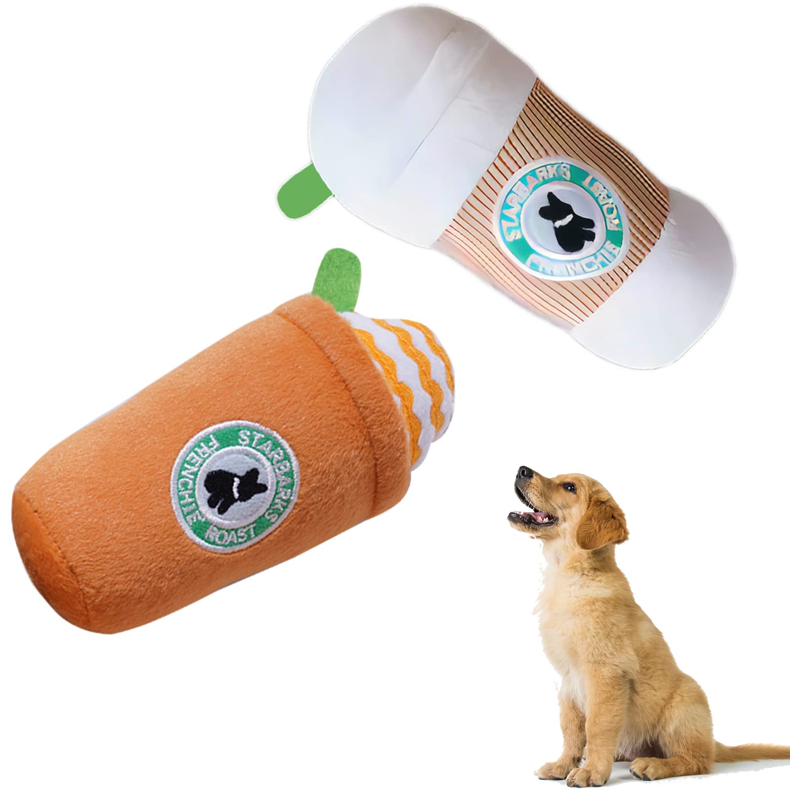 **2PCS Small Dog Plush Chew Toys - Squeaky Starbark Coffee Parody for Puppies, Durable Interactive Stuffed Dog Toys for Teething & Playtime | Perfect for Indoor Play, Training Rewards & Anxiety Relief**