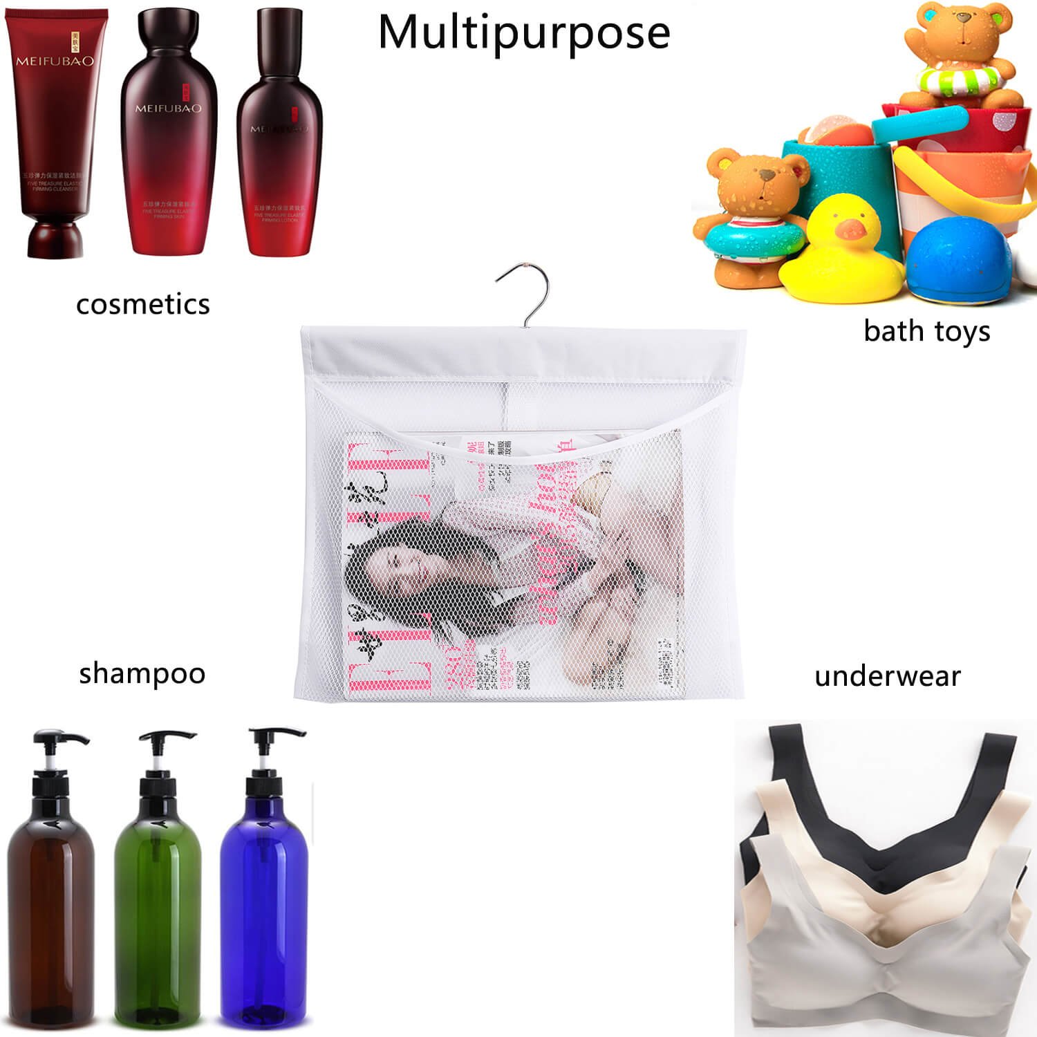 ALYER Hanging Mesh Shower Organizer for Shampoo, Conditioner & Bath Toys - 34oz/1000ml Capacity, Colorful Storage Pockets, Space-Saving Tandem Design (White) - Perfect for Bathroom, Closet & Small Space Organization