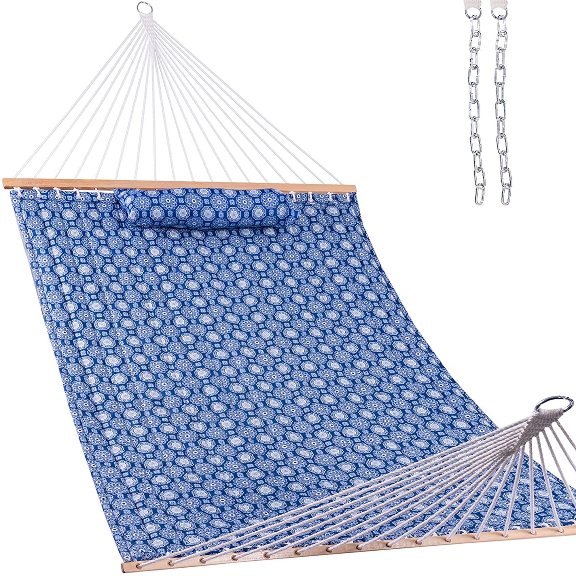 12 FT Double Quilted Fabric Hammock with Spreader Bars & Detachable Pillow - 2 Person Outdoor Hammock for Patio, Backyard, Poolside - 450 LBS Weight Capacity - Blue Floral Design - Perfect for Relaxing, Camping, Beach Trips & Backyard Lounging