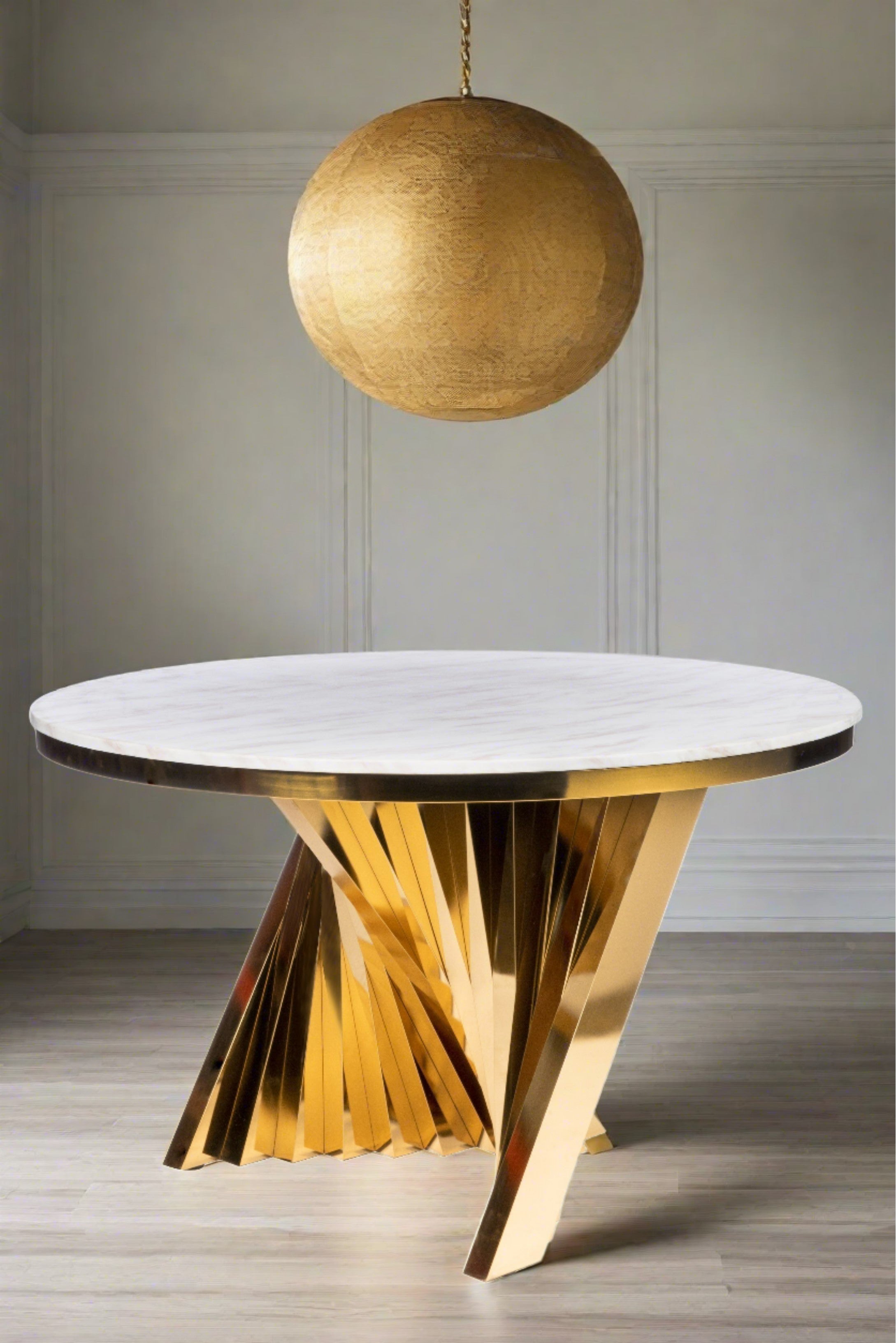 Gold Marble Top Round Dining Table with Waterfall Edge - Elegant Modern Design for Dining Room, Kitchen, or Event Decor