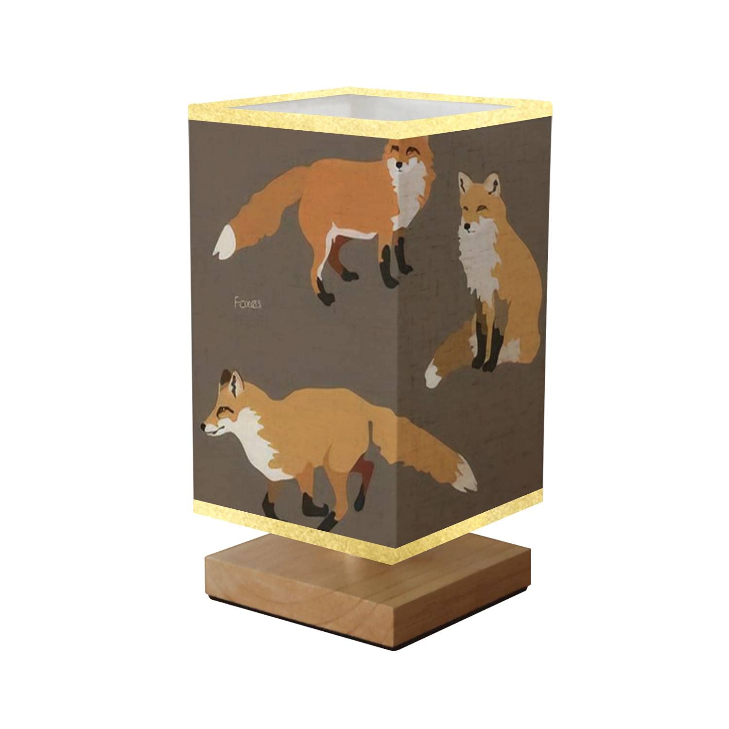Square Bedside Table Lamp - Dimmable Nightstand Lamp with Wooden Base & Flaxen Fabric Shade, Featuring Three Fluffy Red Foxes Illustration - Perfect for Bedroom, Living Room, Nursery, or Office Decor