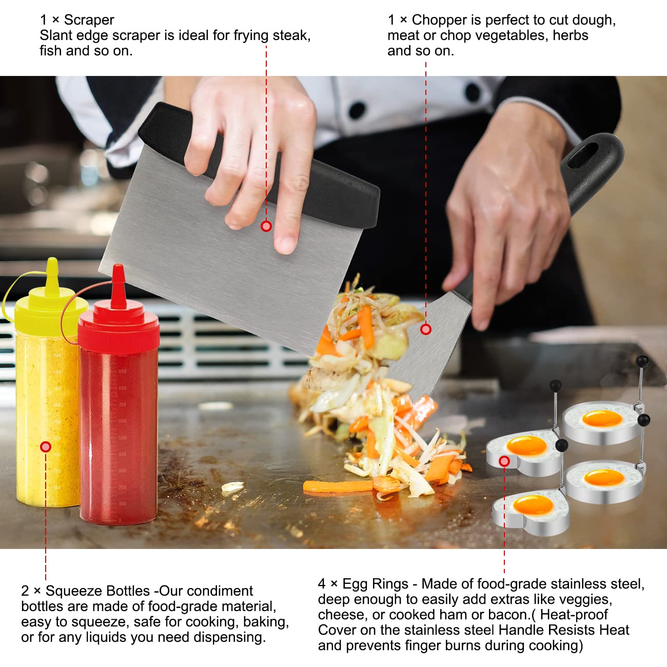 39PCS Stainless Steel Griddle Accessories Kit - BBQ Grill Tools Set for Blackstone & Camp Chef - Includes Spatula, Basting Cover, Chopper, Scraper, Bottle, Tongs & Egg Mold - Perfect for Outdoor Cooking, Camping & Backyard Grilling Parties