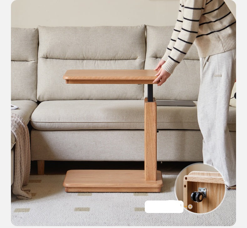 Solid Oak Wood Liftable Foldable Side Table - Adjustable Height for Living Room, Bedroom, or Office Use