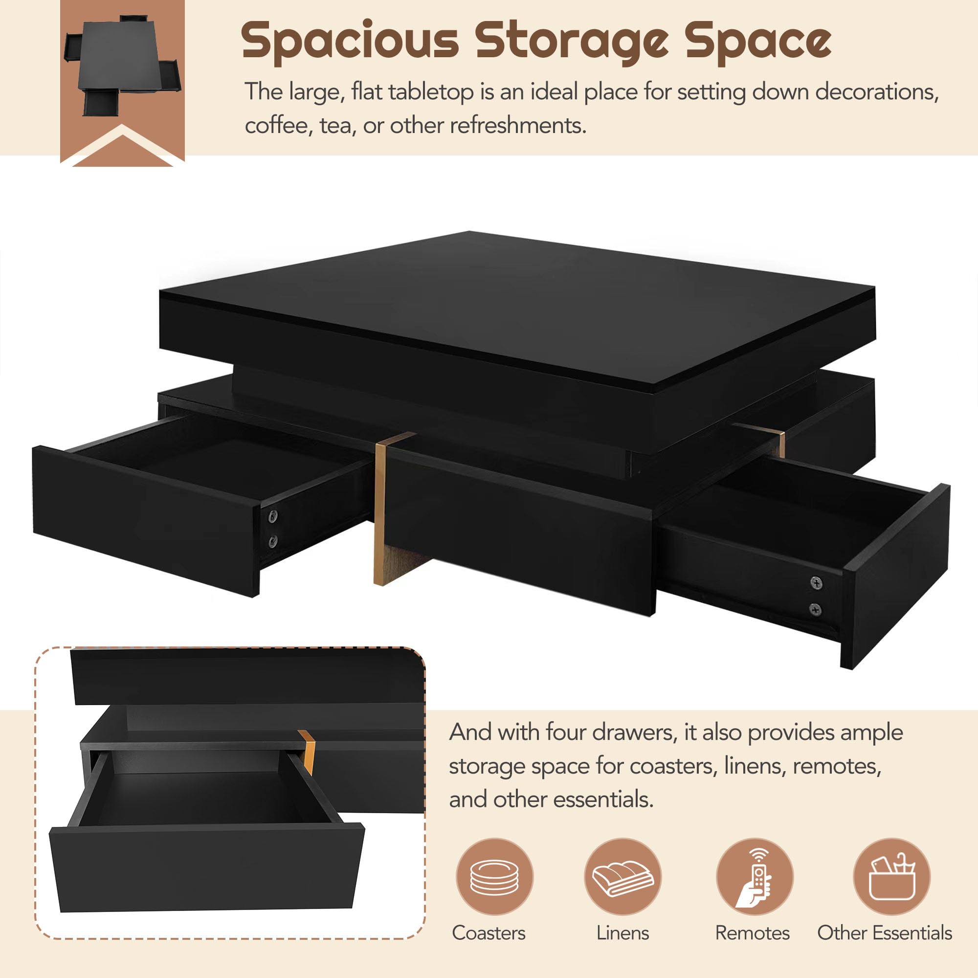 Modern High Gloss Coffee Table with 4 Drawers - Merax Multi-Storage Square Cocktail Table with Wood Grain Legs for Living Room, 31.5