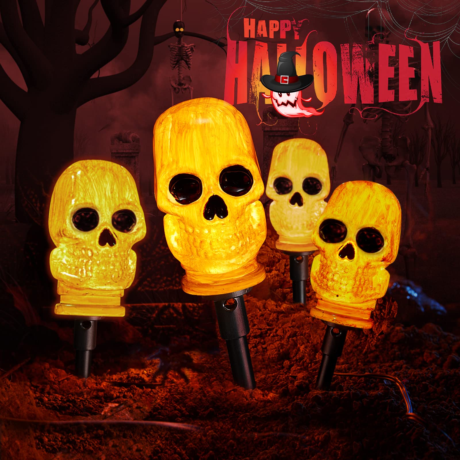Upgraded 4 Pack 3D Skeleton Skull Halloween Pathway Lights with Timer - Waterproof Battery Operated Outdoor Decor for Garden, Patio, Yard - Perfect for Halloween Party, Trick or Treat, Spooky Home Décor