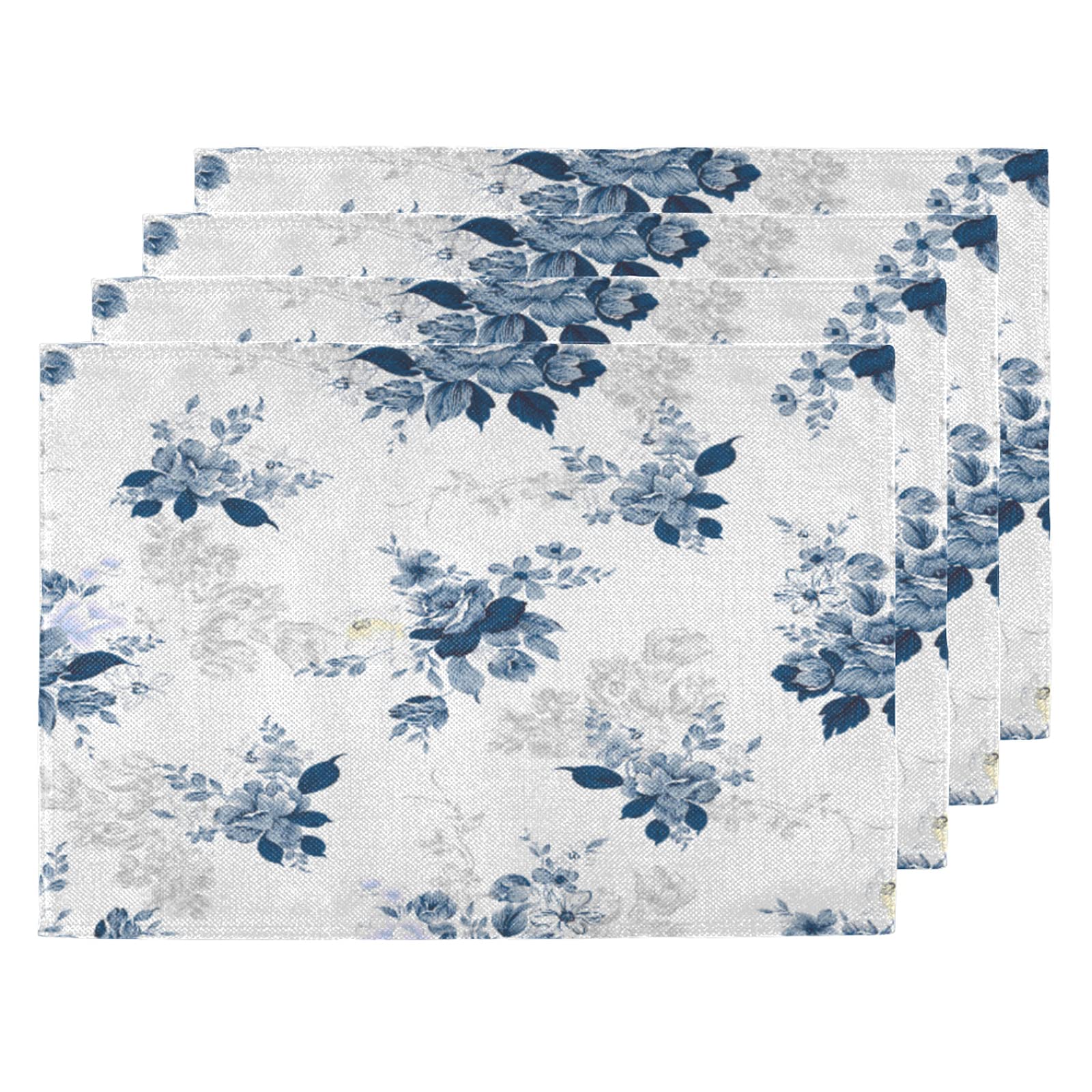 4-Pack Floral Placemats for Dining Table - Washable Heat-Resistant Double-Sided Table Mats in White & Blue Leaf Design - Perfect for Home Kitchen Decor, Christmas, Thanksgiving & Everyday Dining
