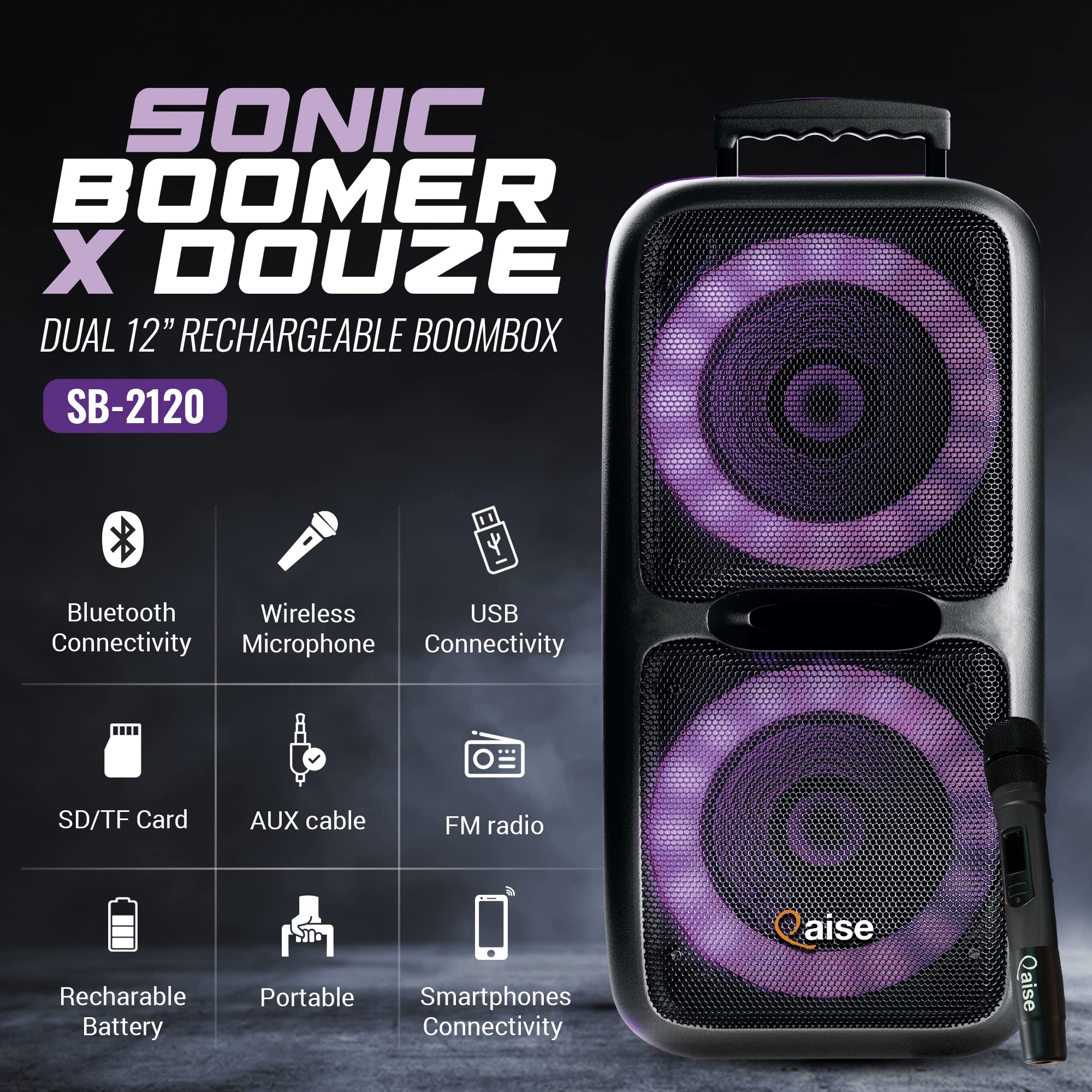 Portable Bluetooth Speaker & Karaoke Machine with Wireless Mic - 6000W Peak Power, Dual 12