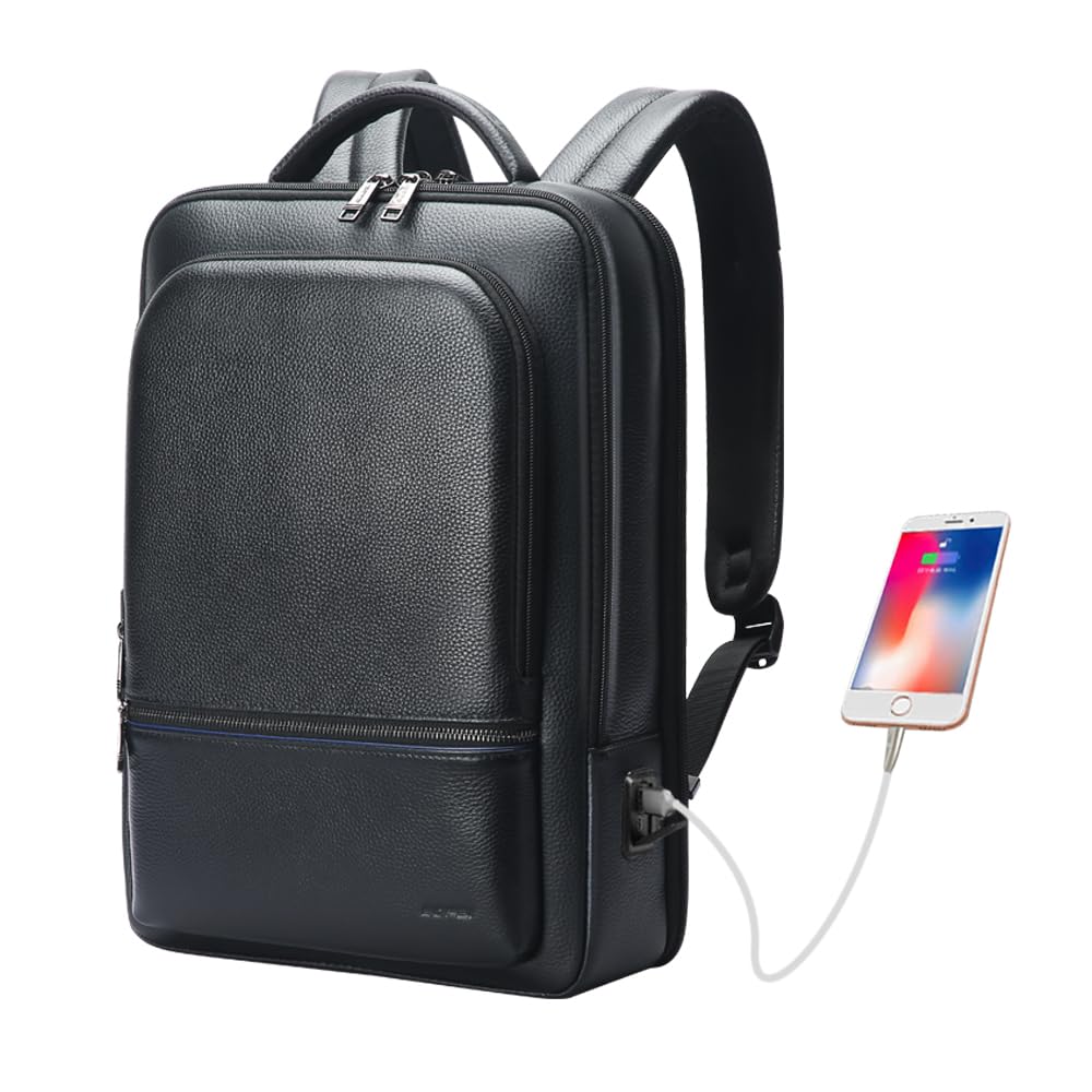 BOPai Genuine Leather Men's Backpack - 15.6 Inch Laptop Business Backpack with USB Charging Port, Anti-Theft Design & Large Capacity - Premium Executive Travel Backpack for Work, Office & Commuting (Classic Black)