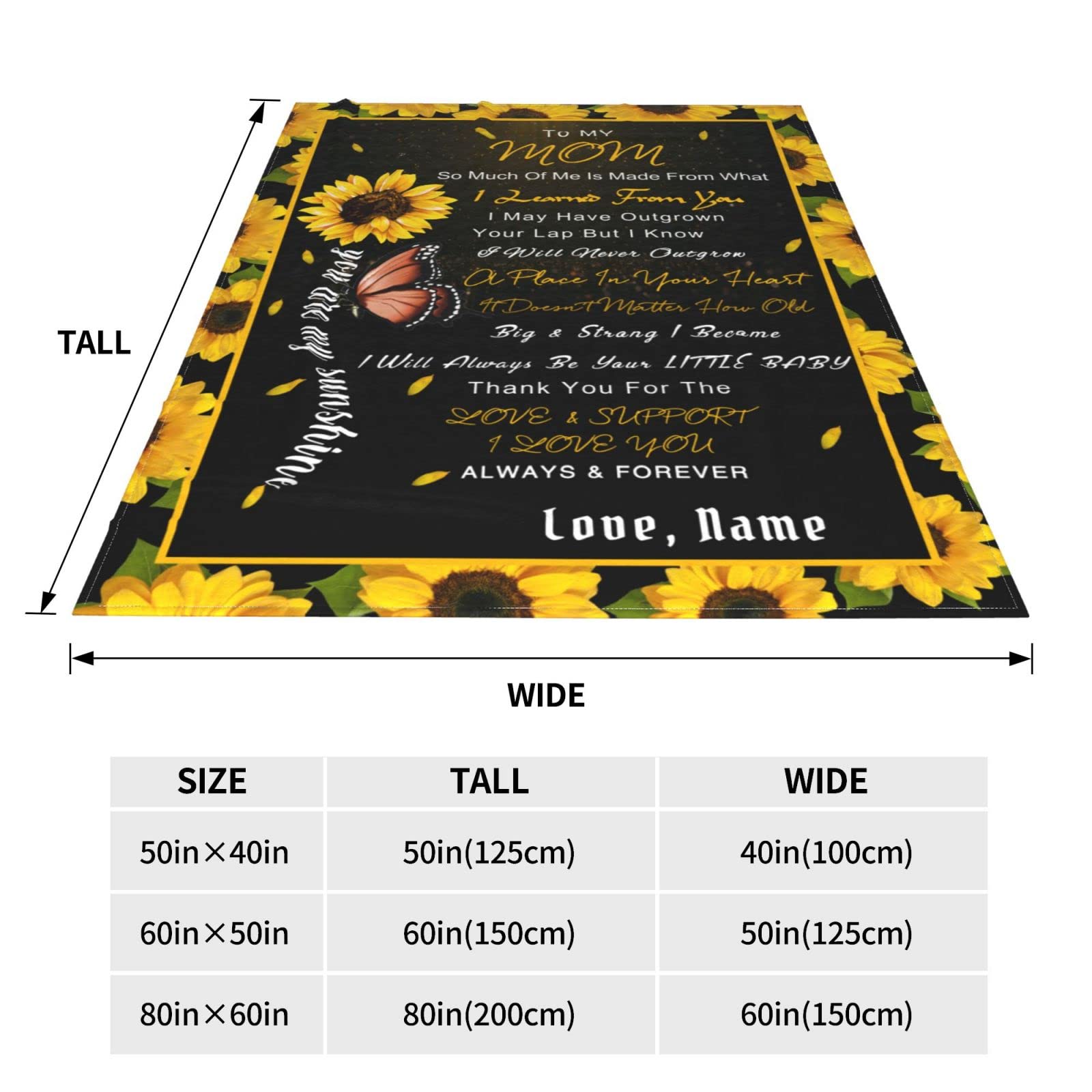 Personalized Custom Name Blanket - Love Letter to Mom from Son & Daughter - Butterfly & Sunflower Design - 40x50 Inches Bed Throw - Perfect Gift for Mother's Day, Birthday & Christmas
