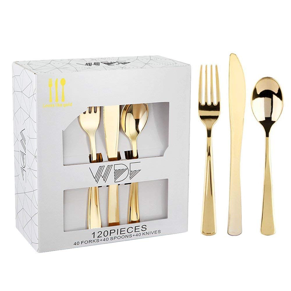 120-Piece Gold Plastic Silverware Set - Heavy Duty Disposable Cutlery (40 Forks, 40 Spoons, 40 Knives) - Elegant Party Tableware for Weddings, Picnics & Events