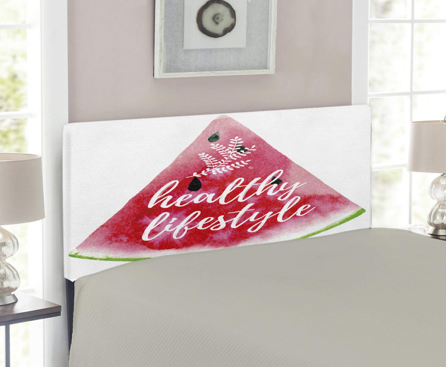 Ambesonne Fitness Headboard - Healthy Lifestyle Themed Upholstered Metal Bed Headboard with Memory Foam, Twin Size, Vivid Hand-Painted Watermelon & Herbs Design, Multicolor - Perfect for Home Gym Decor & Bedroom Fitness Inspiration