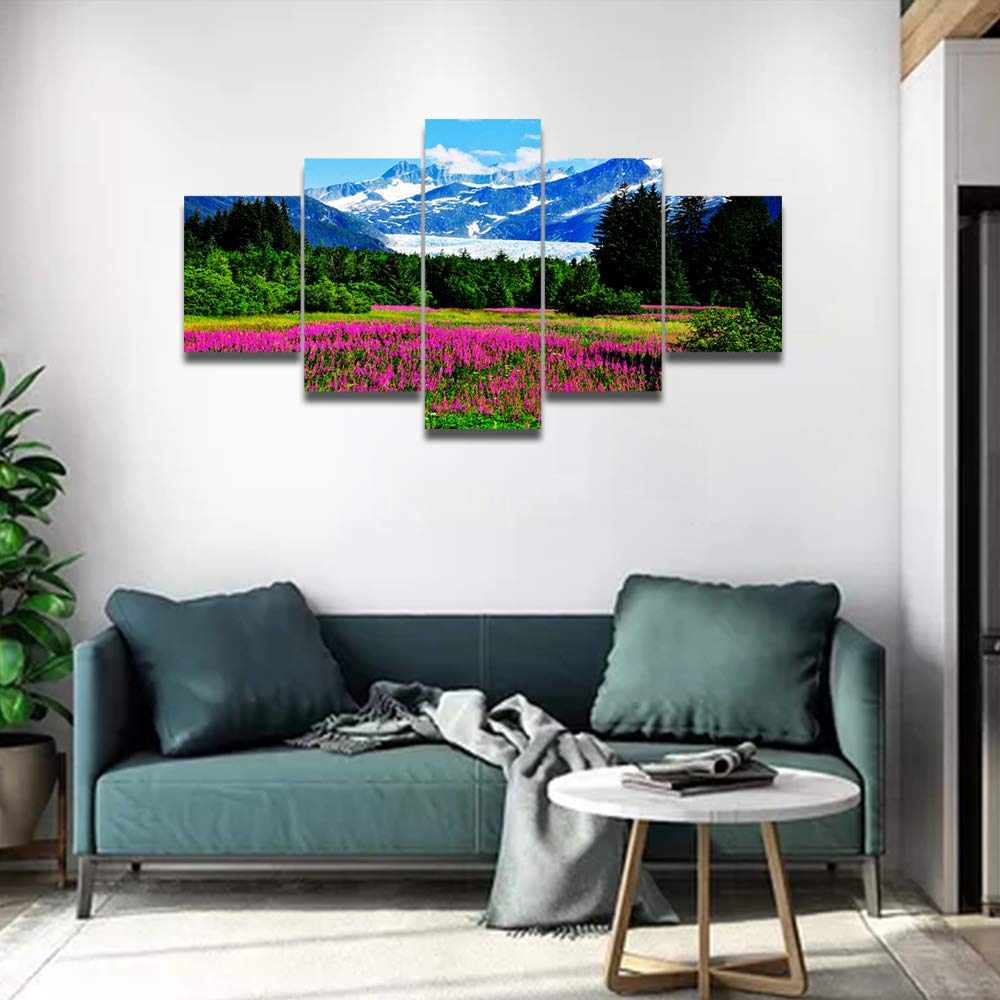 5-Panel Canvas Wall Art - Stunning Glacier & Alaska Mountain Landscape with Flowers & Forest - Panoramic Scenery Picture Frames Ready to Hang - Perfect for Living Room, Bedroom & Home Office Decor | Nature-Inspired Wall Decor for Modern Homes