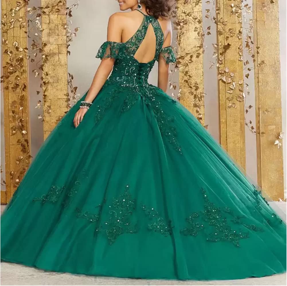 Elegant Women's Halter Beaded Quinceañera Dress with Sequins & Sleeves - Sweet 16 Ball Gown for Princess Birthday Party, Prom, Homecoming, and Formal Events