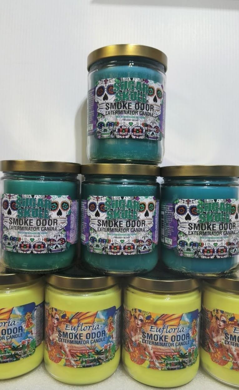 Smoke Odor Eliminator Candle - 13oz Sugar Skull & Eufloria Scented Jar Candles (8-Pack, 4 Sugar Skull + 4 Eufloria) - Home Air Freshener for Living Room, Bedroom & Bathroom