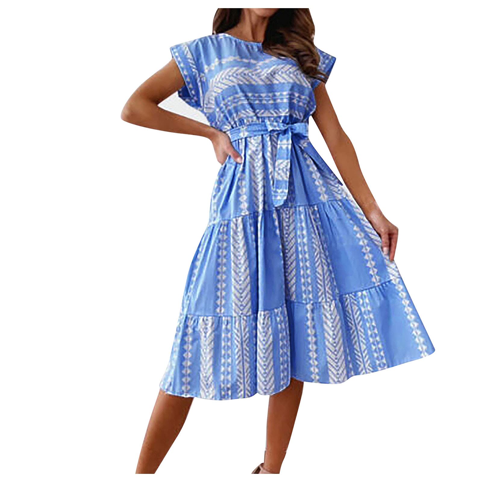 ETHKIA Women's Fashion Short Sleeve Irregular Print Lace-Up Dress - 2022 Party & Casual Wear, Summer Flowy Dress for Date Night, Club Outing & Beach Vacation