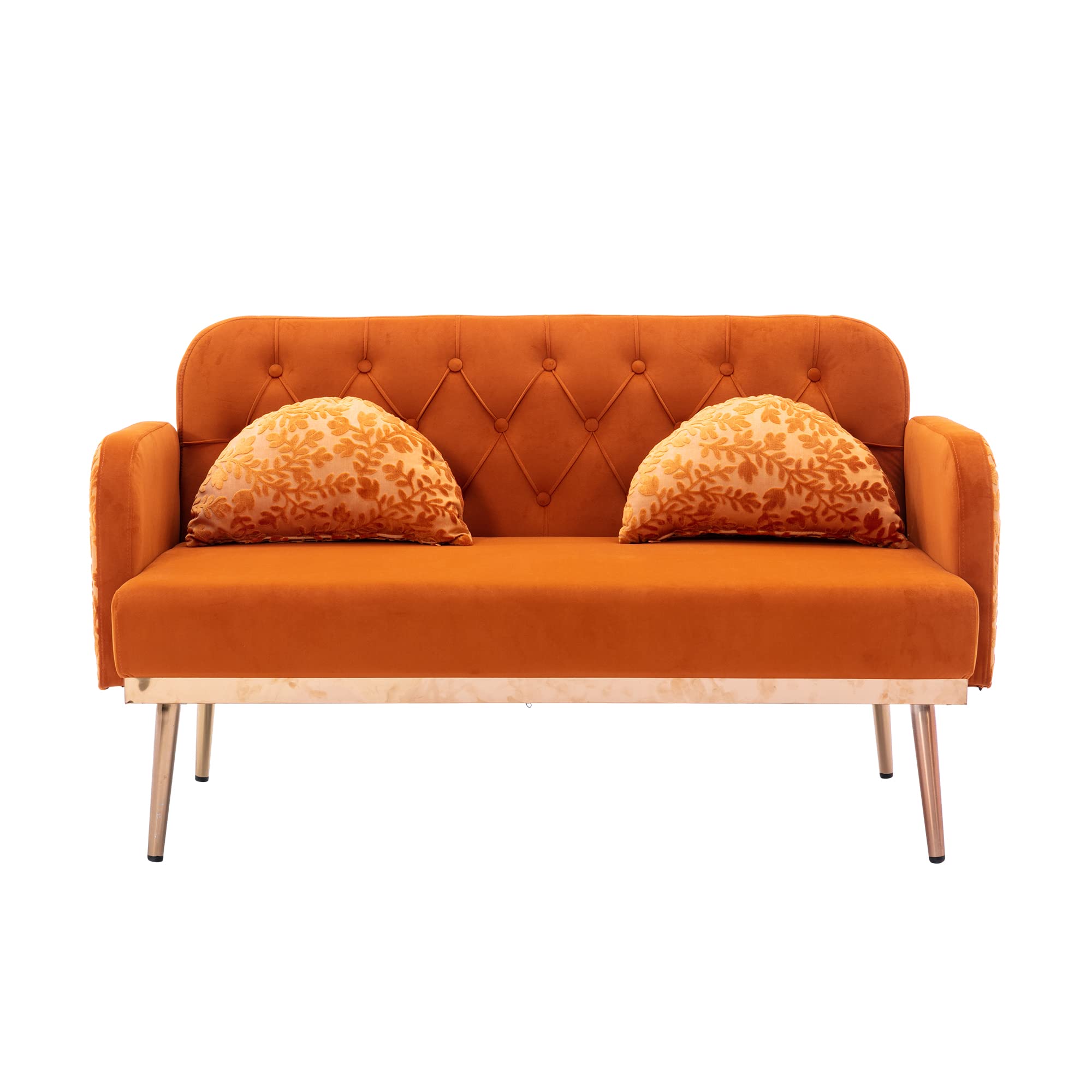 Velvet Loveseat Sofa Bed - Modern Upholstered Small Futon Couch with 2 Pillows & Metal Legs for Living Room, Bedroom, Home Office - Perfect for Small Spaces, Guest Rooms & Studio Apartments (Orange)