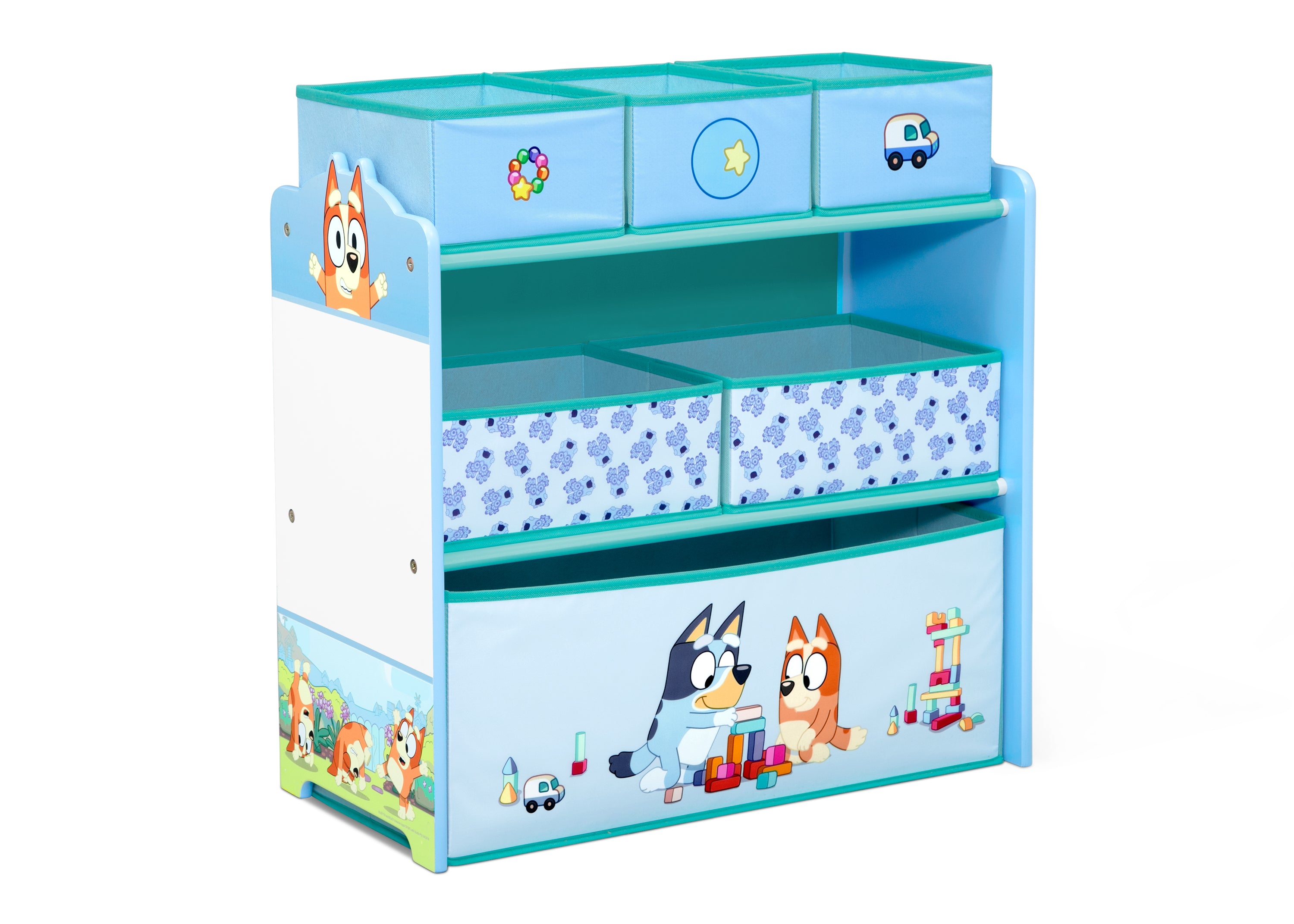 Bluey Themed 6-Bin Toy Storage Organizer for Kids - Durable Plastic Toy Box with Handles for Playroom, Bedroom, and Classroom Organization