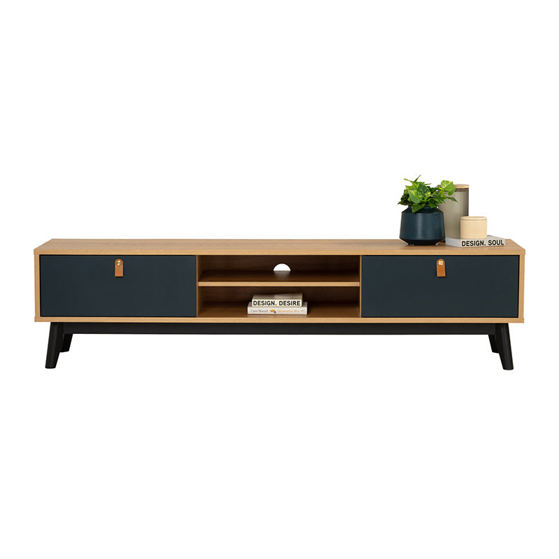 CASTOR 180cm Entertainment TV Stand with Storage - Natural Wood, Navy Blue & Black Finish - Perfect for Living Room, Bedroom & Home Theater Setup