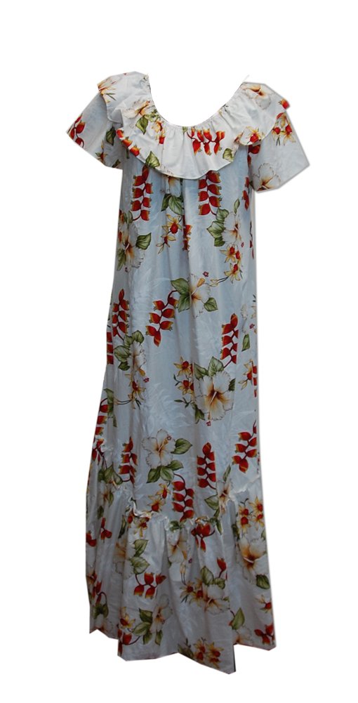 Hawaiian Long Double Ruffle Heliconia White Muumuu Dress for Women - Floral Summer Beach Cover Up, Resort Wear, Vacation Outfit