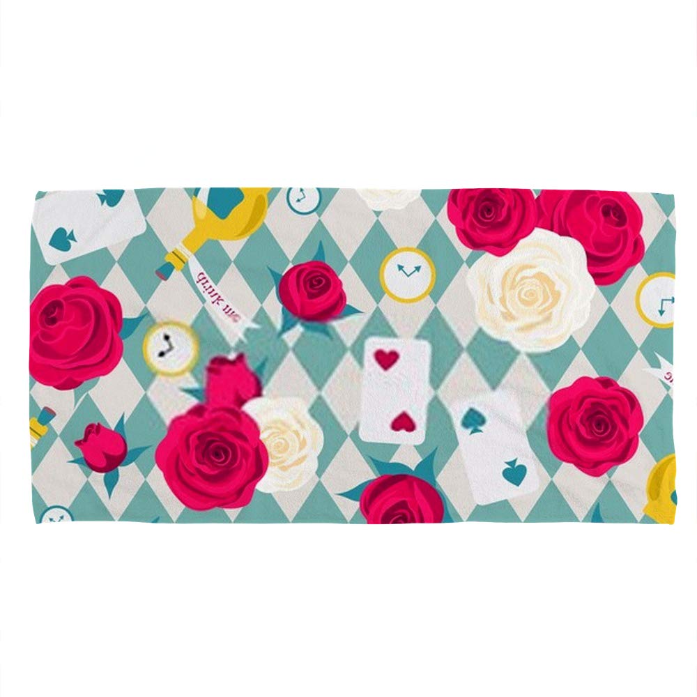 Kuizee Ultra Soft Microfiber Hand Towel & Face Towel Set - 30x15 Inch, Highly Absorbent, Stylish Roses Card Key Clock Wonderland Blue Design - Perfect for Bathroom, Gym, Travel & Spa Use