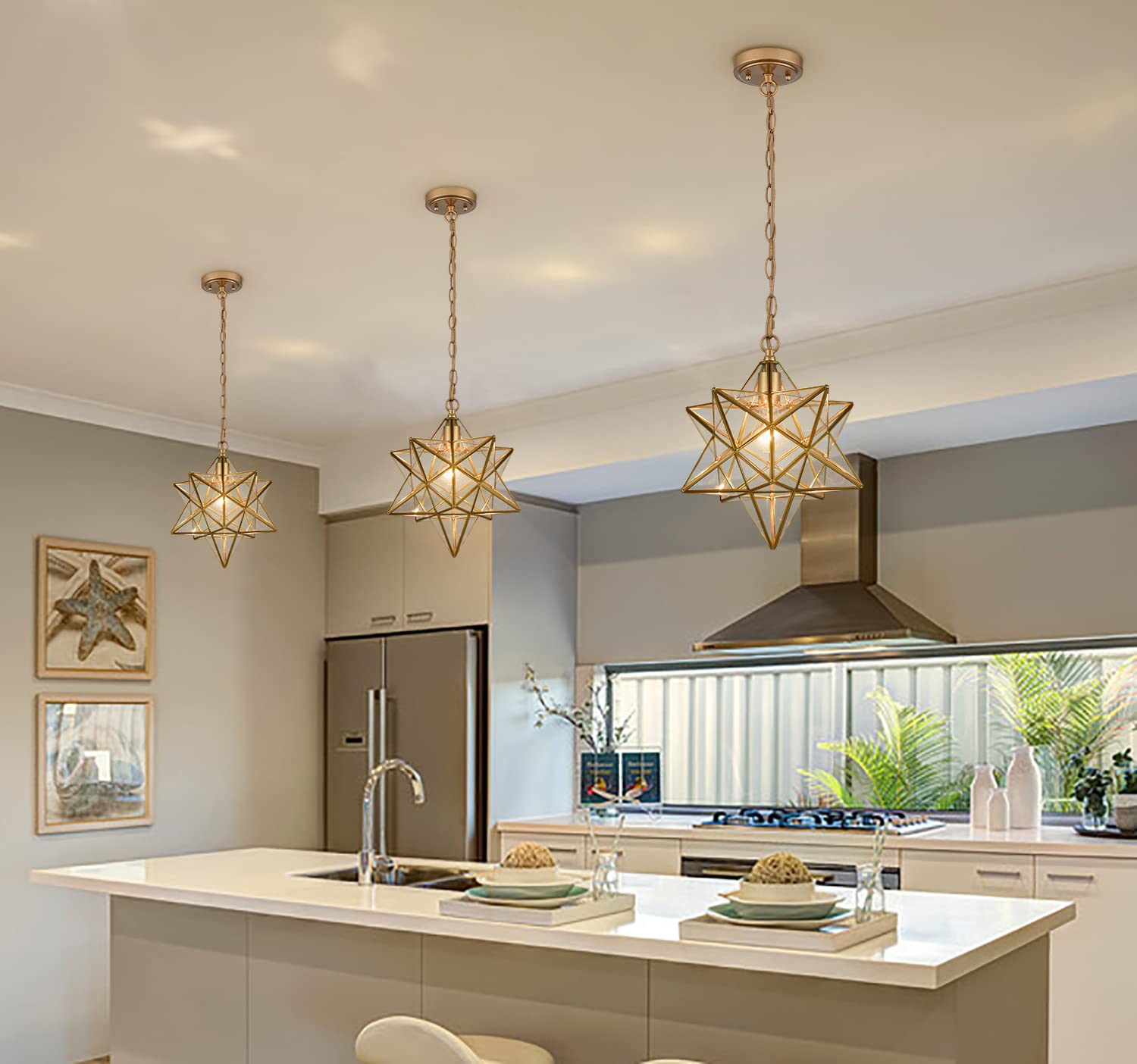 Modern Brass Moravian Star Pendant Light - 14 Inch Clear Glass Shade for Dining Room, Bedroom & Living Room Lighting