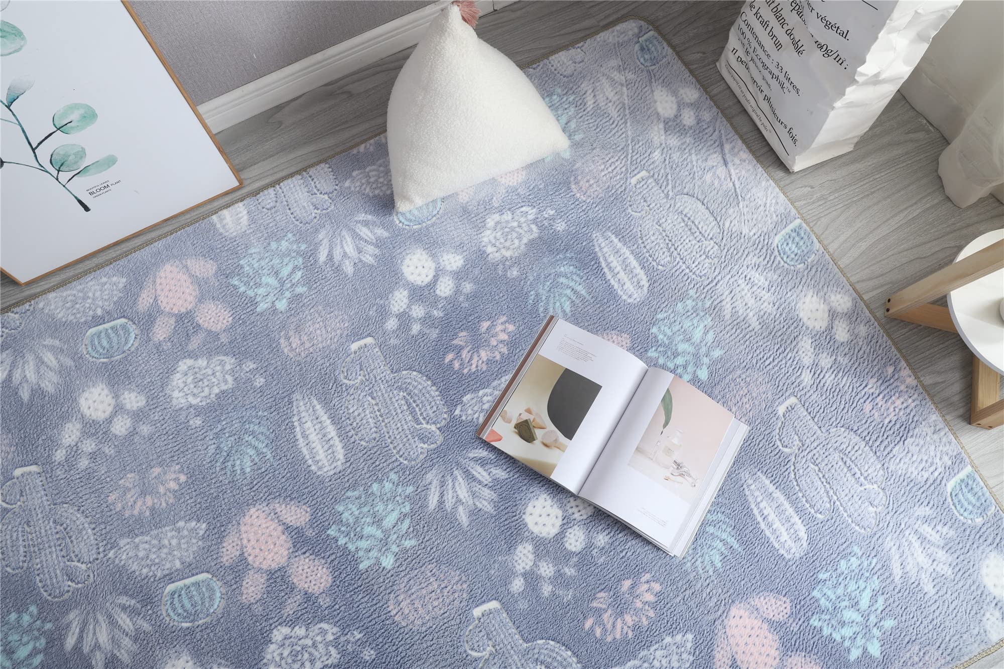 Glow in The Dark Luminous Area Rug - Soft Washable Modern Indoor Carpet for Bedroom, Living Room, Dorm & Kids Room Decor - Grey Cactus Design (6.6x10 Feet) - Perfect for Nighttime Safety & Cozy Home Ambience
