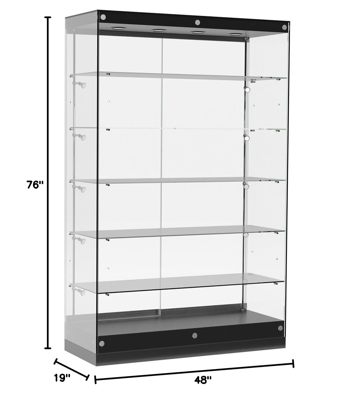 4' Frameless Glass Display Case with LED Lighting - Adjustable Shelves, Locking Mechanism, Black MDF Base (GTAP48LEDB) - Perfect for Retail Stores, Boutiques, and Jewelry Showcases