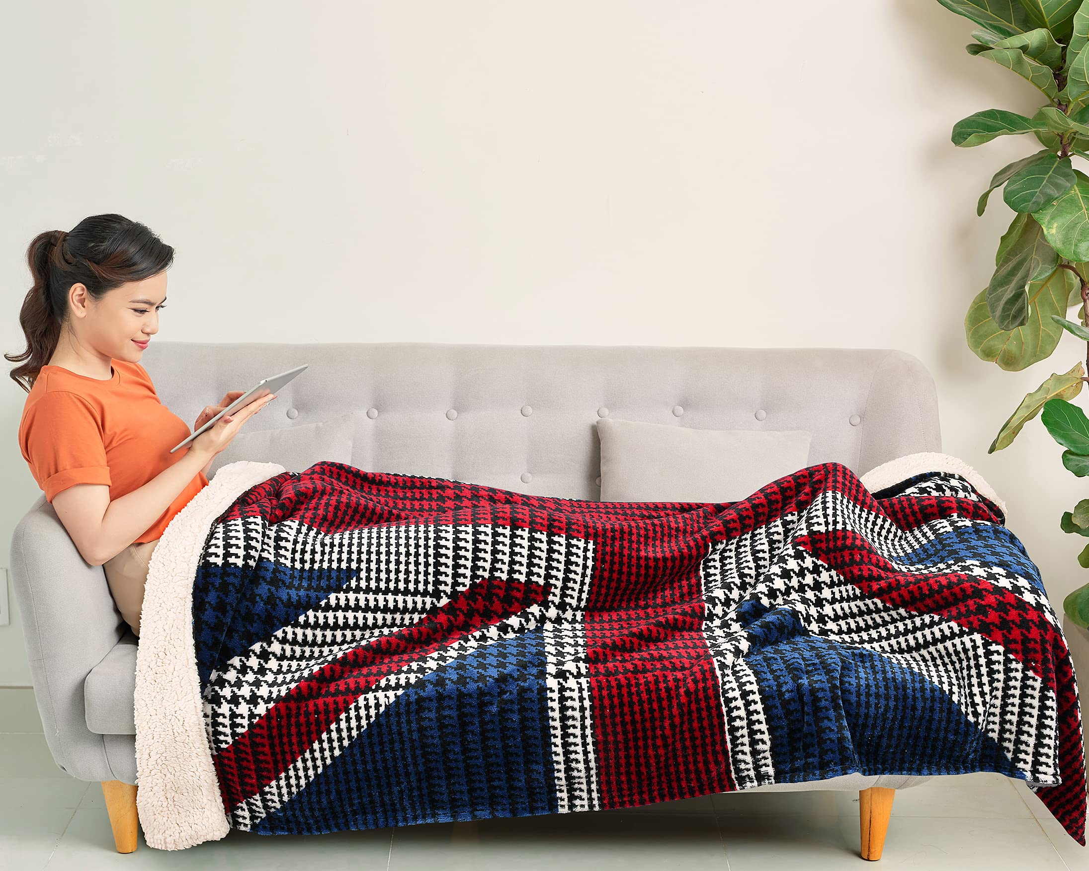 UK Flag Patriotic Sherpa Throw Blanket - Super Soft Reversible Fleece Plush Blanket 50