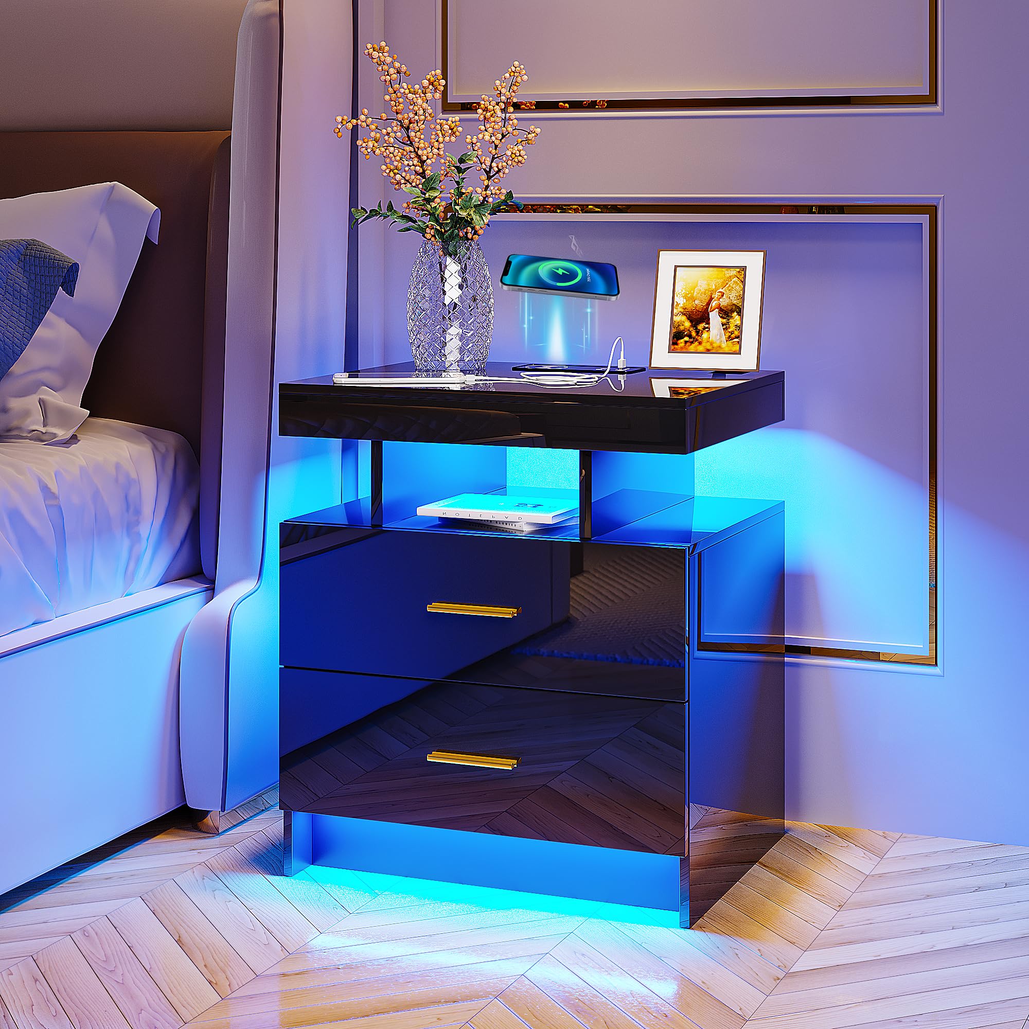 HNEBC Modern LED Nightstand with Wireless Charging & USB Ports - High Gloss Bedside Table with 2 Drawers, Floating Design, 3-Color Adjustable LED Light Strip for Bedroom, Living Room, or Office