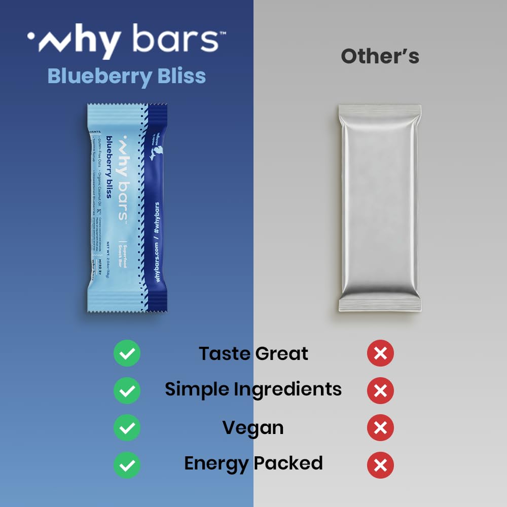 Blueberry Bliss Protein Bars - Pack of 12 (2.04 oz Each) | Gluten Free, Non-GMO, Organic, Vegan Superfood Snack | Perfect for Gym Workouts, Hiking & On-the-Go Nutrition