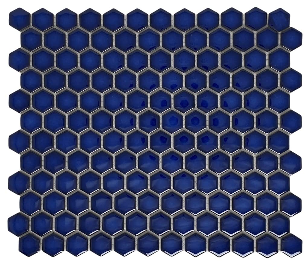 Hexagon Cobalt Blue Porcelain Mosaic Tile - 1 Inch Glossy Wall & Floor Tile (10 Sheets/Box) for Kitchen Backsplash, Bathroom Shower, Accent Wall - Easy Mesh Installation for DIY Home Decor Projects