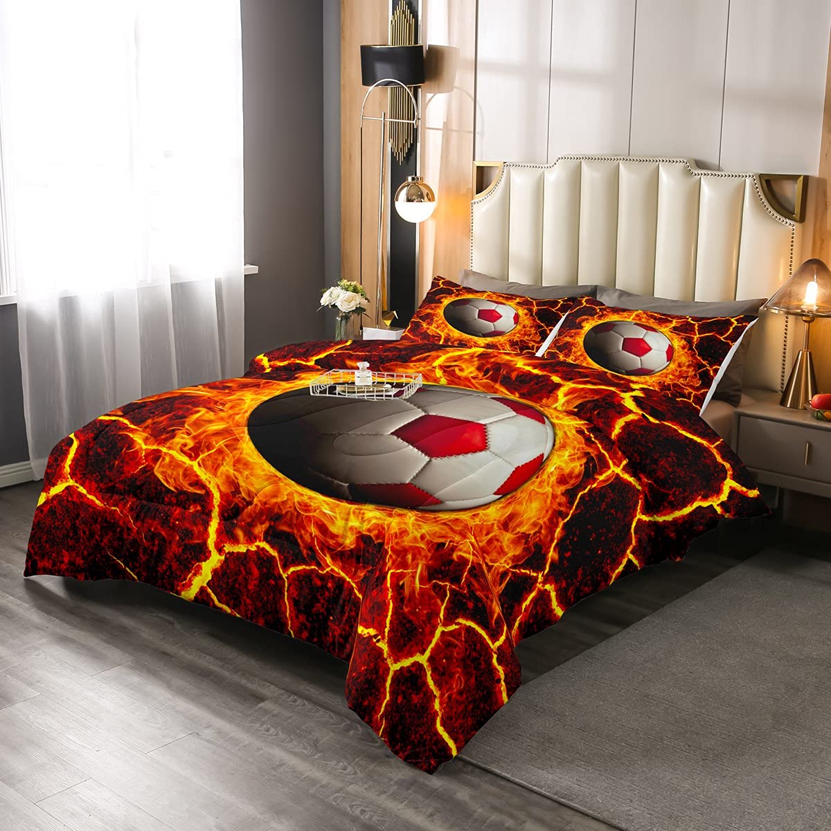 Boys Soccer Bedding Set - Football Down Comforter with Fire Flame Design, Full Size Bedroom Decor for Kids - Perfect for Summer Sports Games, Sleepovers & Soccer Themed Rooms (Includes 1 Comforter & 2 Pillow Cases)