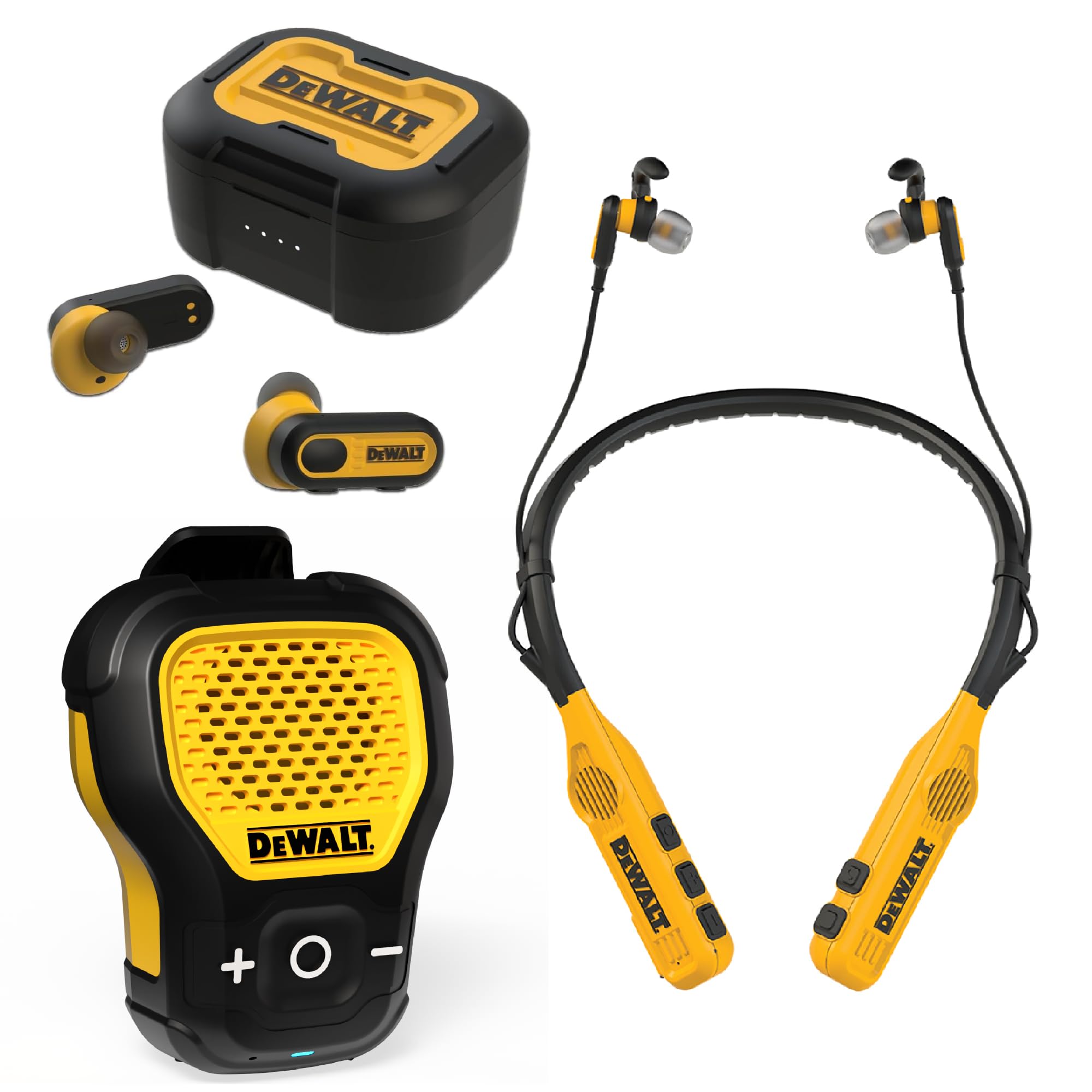 DEWALT Ultimate Jobsite Audio Bundle – Wireless Earbuds, Clip-On Speaker & Neckband Earphones for Construction, Woodworking & Outdoor Work – Durable Bluetooth Headphones for Professionals