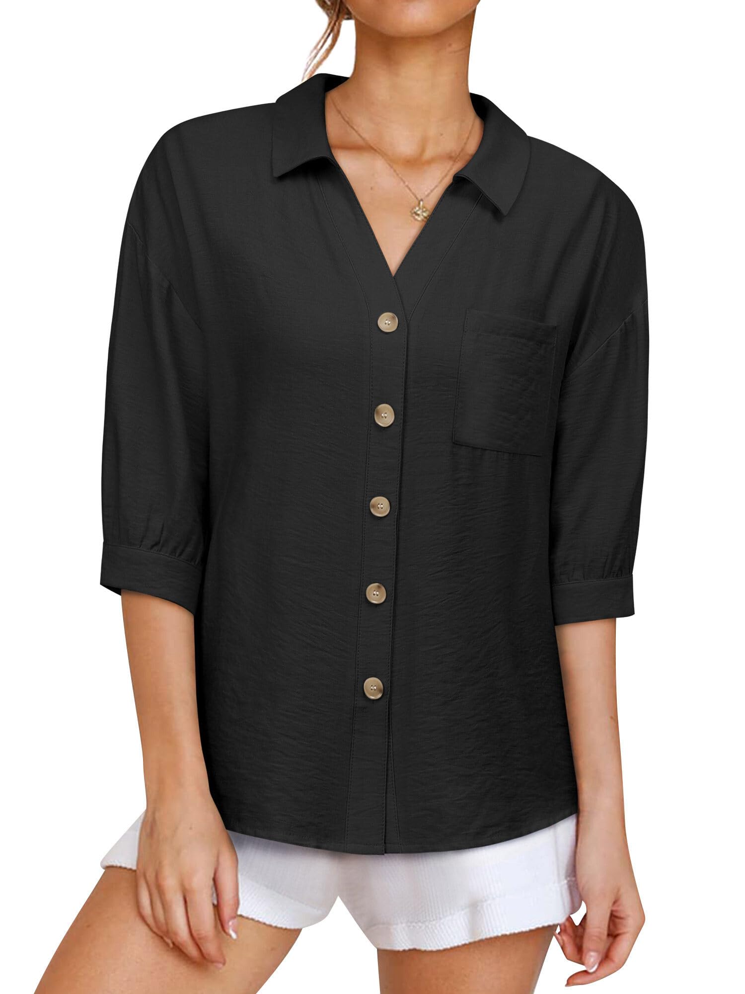 Women's V-Neck Linen Button-Down Shirt - 3/4 Sleeve Relaxed Fit Casual Blouse with Pocket | Soft Breathable Office Wear & Summer Work Tops for Business Casual & Weekend Outings