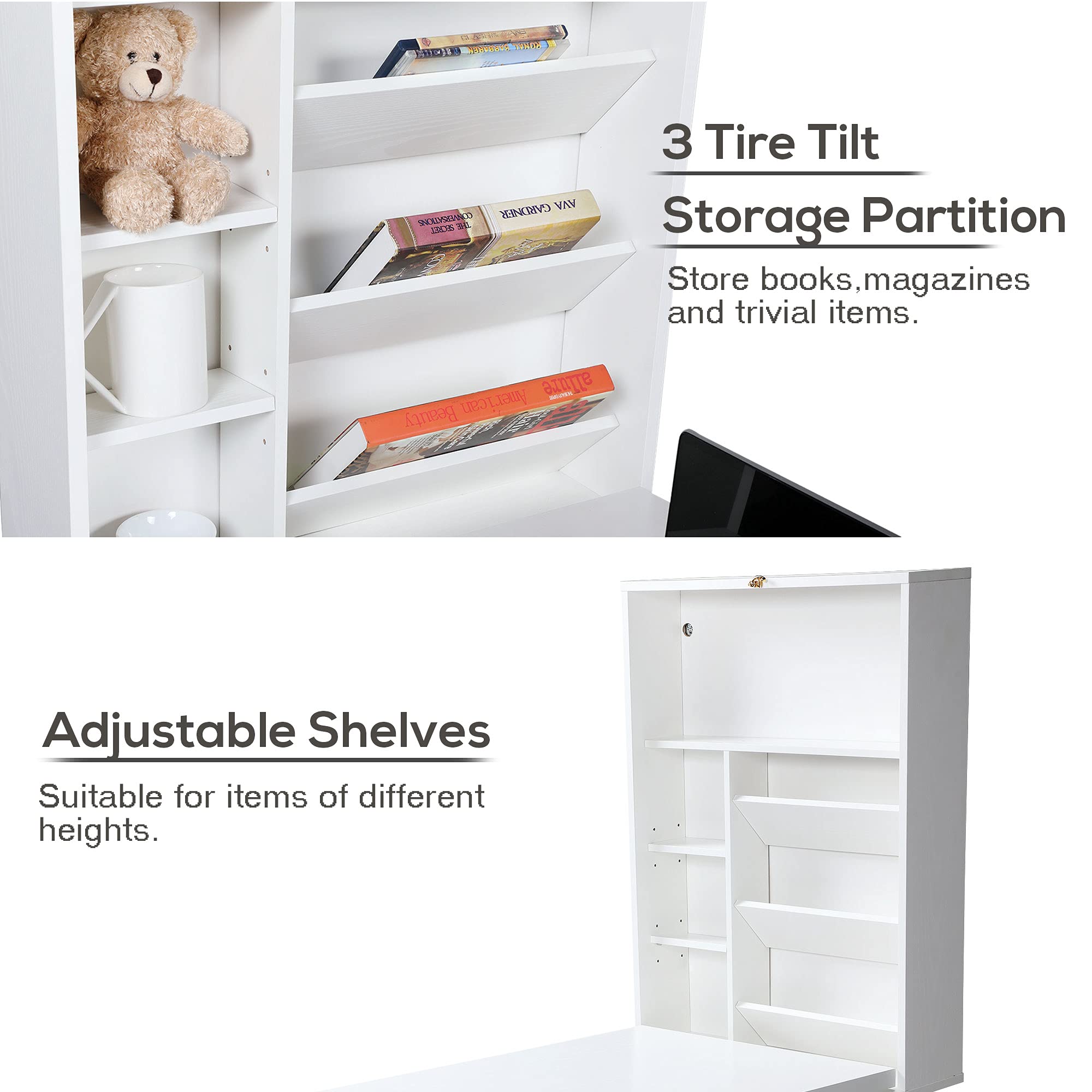 Space Saving Wall Mounted Fold Out Convertible Desk - White Floating Writing Desk with Storage Shelves | Home Office Laptop Workstation | Perfect for Small Spaces & Modern Workspaces