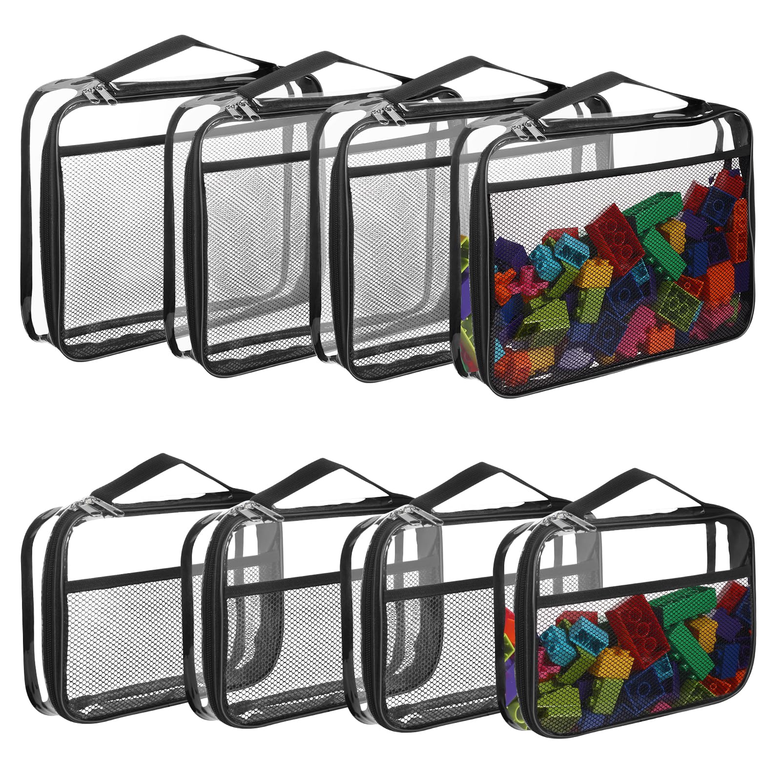 8 Pack Reusable Clear PVC Toy Storage Bags with Zipper - Waterproof Travel Organizer for Building Blocks, LEGO Bricks, Puzzles & Books | Portable Handle for Easy Carrying | Perfect for Kids Room, Playroom & Travel Organization