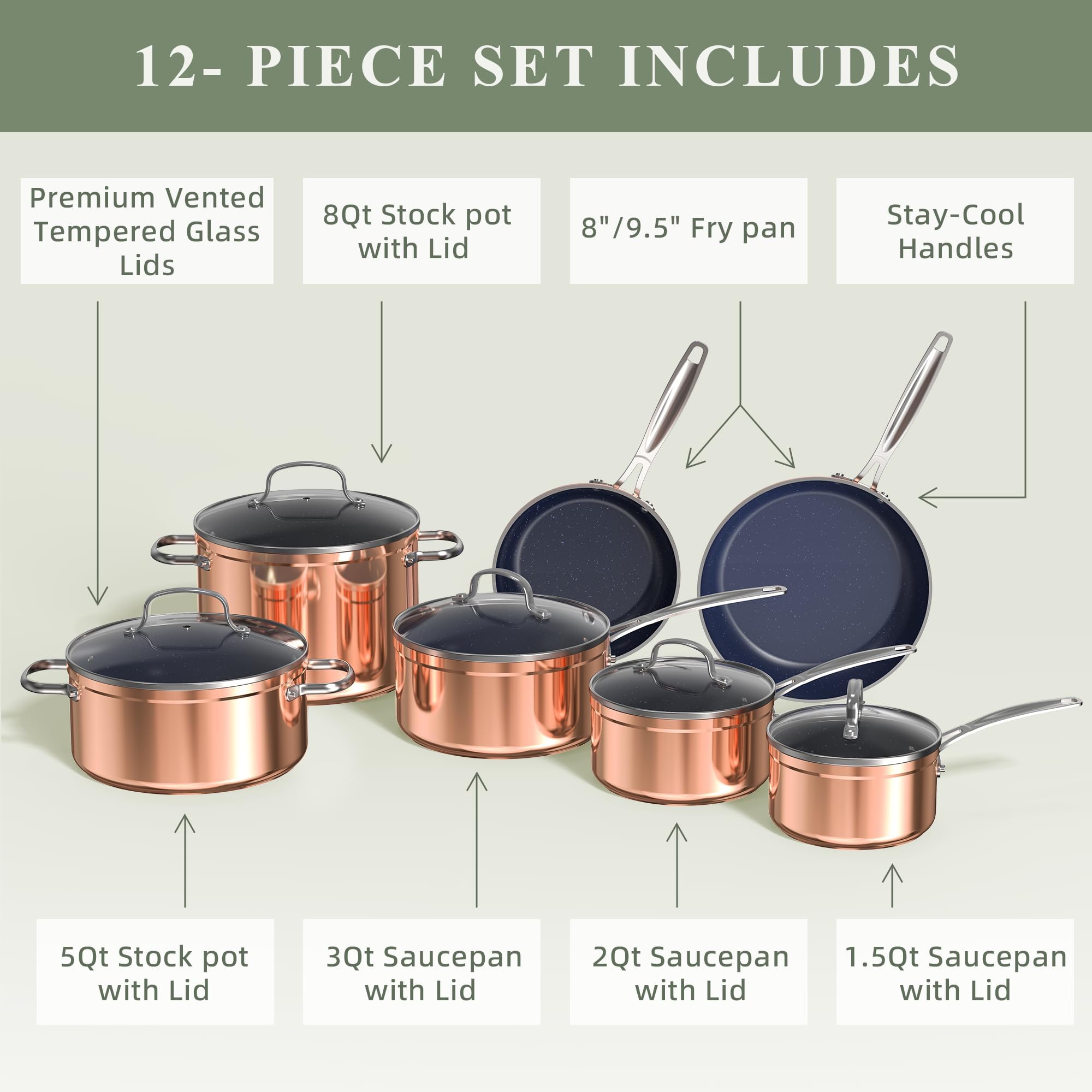 Nuwave Healthy Duralon Blue Ceramic Nonstick Cookware Set - Diamond Infused Scratch-Resistant, PFAS-Free, Dishwasher & Oven Safe, Induction Compatible, Even Heat Distribution with Tempered Glass Lids & Stay-Cool Handles - Perfect for Healthy Cooking, Frying, Baking & Everyday Meal Prep
