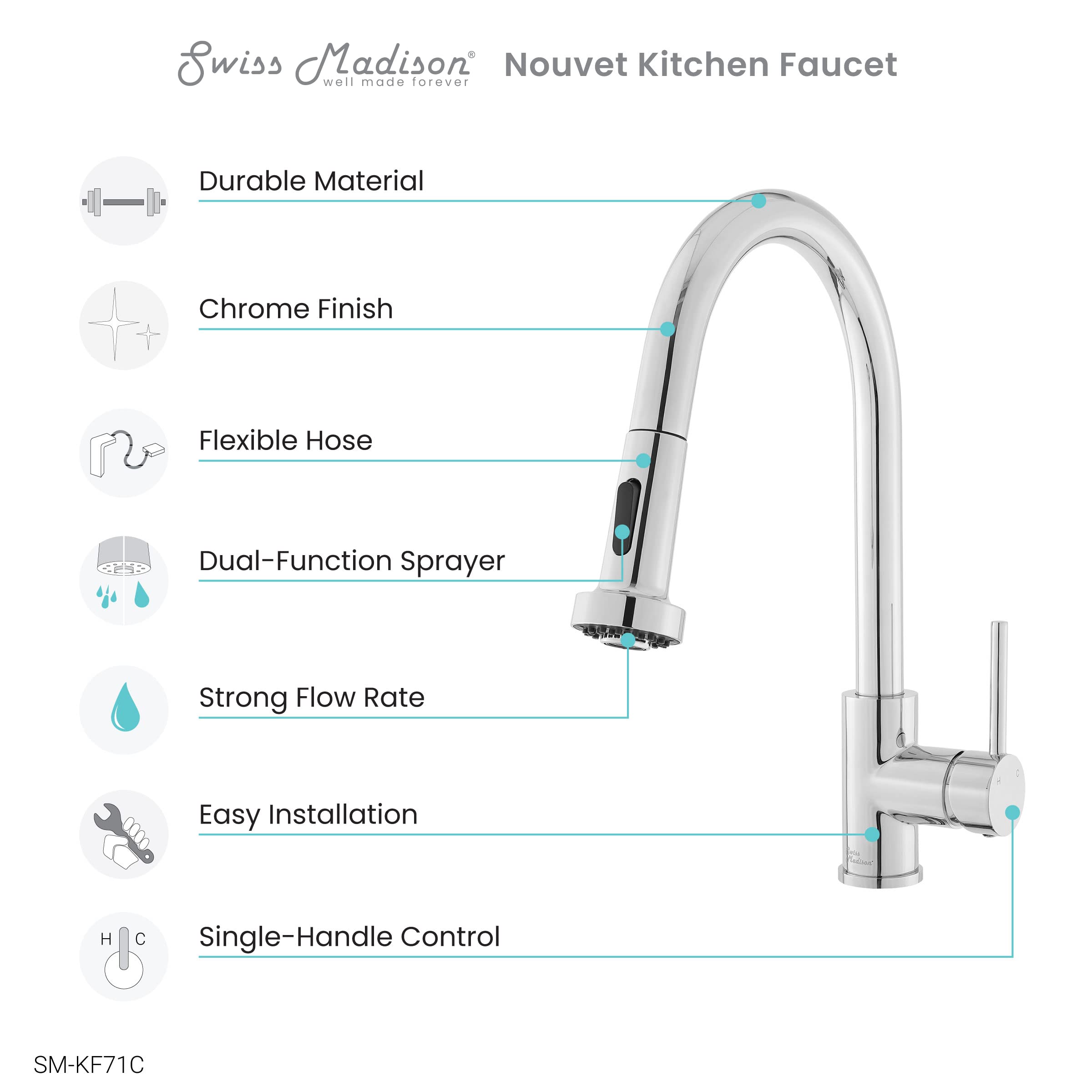 Nouvet Chrome Single Handle Pull-Down Kitchen Faucet - Modern Design for Sink, Dishwashing & Food Prep | Easy Installation & Durable Finish